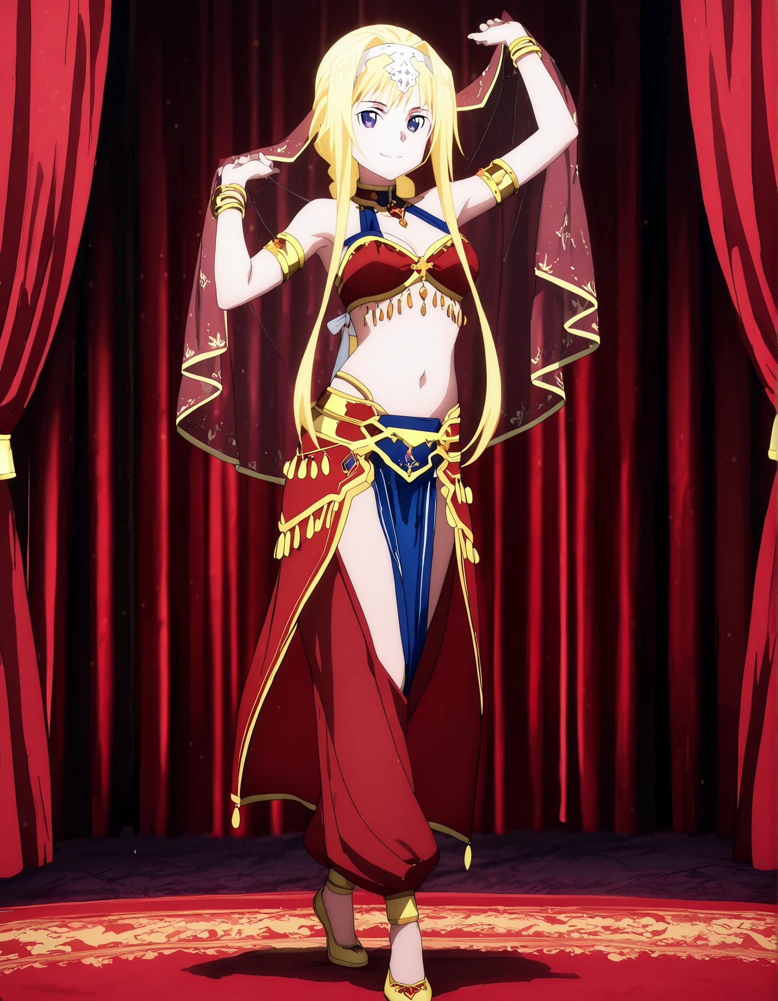 (1girl:1 . 5) , (Seul:1 . 5) , score_9 , score_8_haut , score_7_haut , source_anime , Official work  , ultra-detailed , masterpiece , better quality , high resolution , beaux yeux , detailed eyes , Detailed face , beautiful detailed eyes ,Sword Art Online,Alice Zuberg,Arabian Clothes , Arabian Dancer ,belly dancer costume,belly dancer outfit ,full body,golden jewelery,armlet, belly dancing,arabian garden,seductive smile, dancing with veil, dynamic movement,dance posture, seductive pose