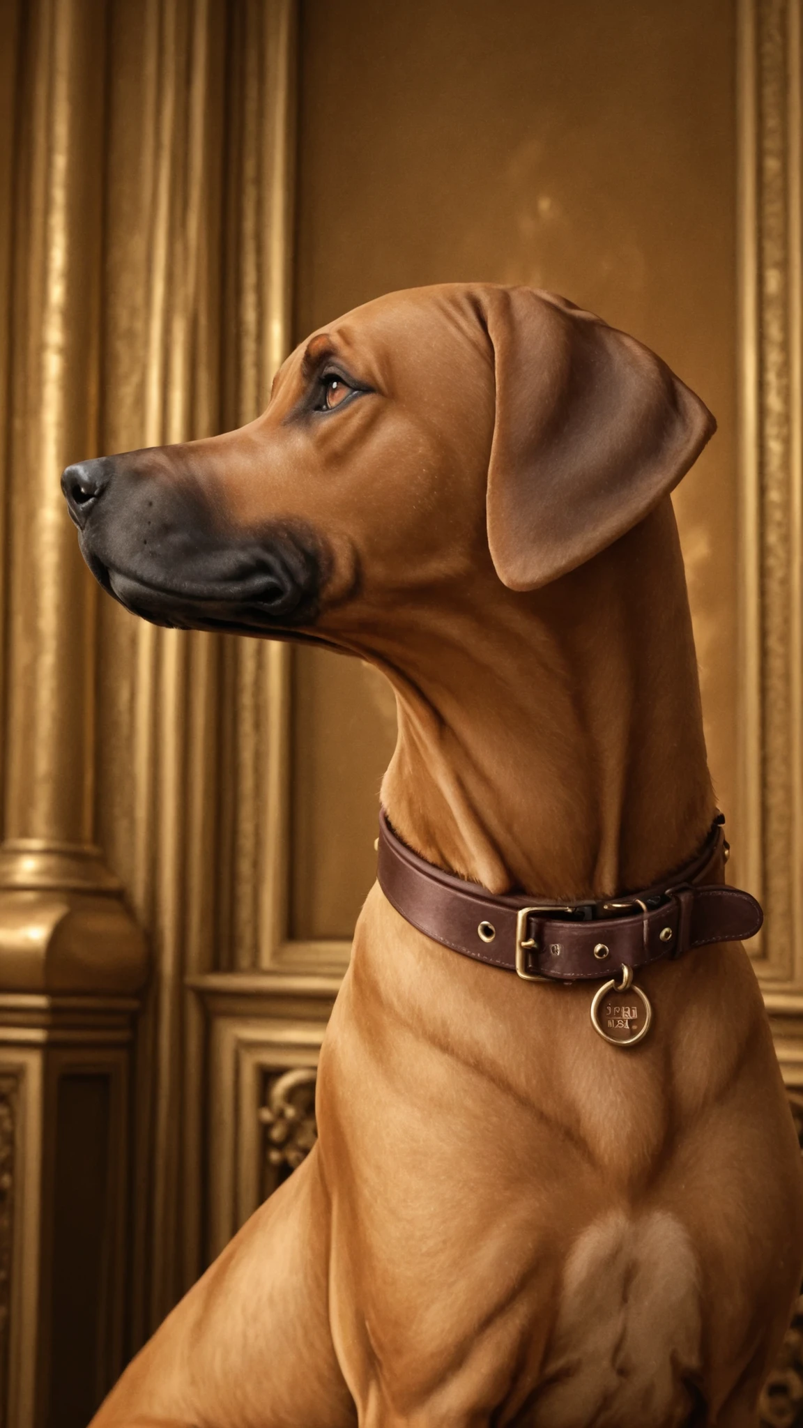 (rhodesian ridgeback) sitting in a richly lavish room wearing a thick leather collar. Set in an Arabian throne room with bay windows creating a golden atmosphere.  rim light, (rhodesian_ridgeback), dog, red brown fur, side profile, portrait, face focus, 