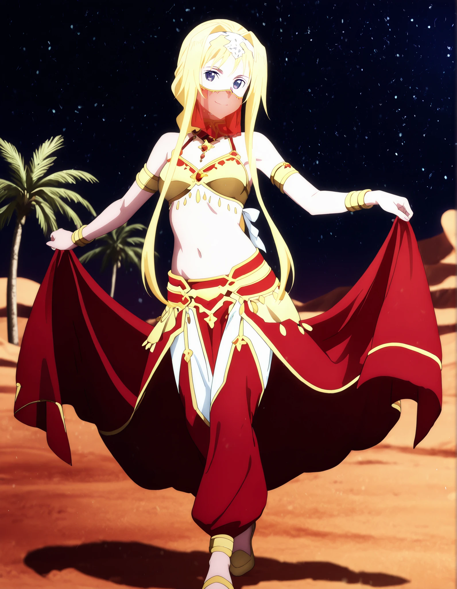 (1girl:1 . 5) , (Seul:1 . 5) , score_9 , score_8_haut , score_7_haut , source_anime , Official work , ultra-detailed , masterpiece , better quality , high resolution , beaux yeux , detailed eyes , Detailed face , beautiful detailed eyes ,Sword Art Online,Alice Zuberg,Arabian Clothes , Arabian Dancer ,belly dancer costume,belly dancer outfit ,full body,golden jewelery,mouth veil,armlet, belly dancing,night,desert lands,palm tree,seductive smile, dancing with veil, dynamic movement,dance posture, seductive pose