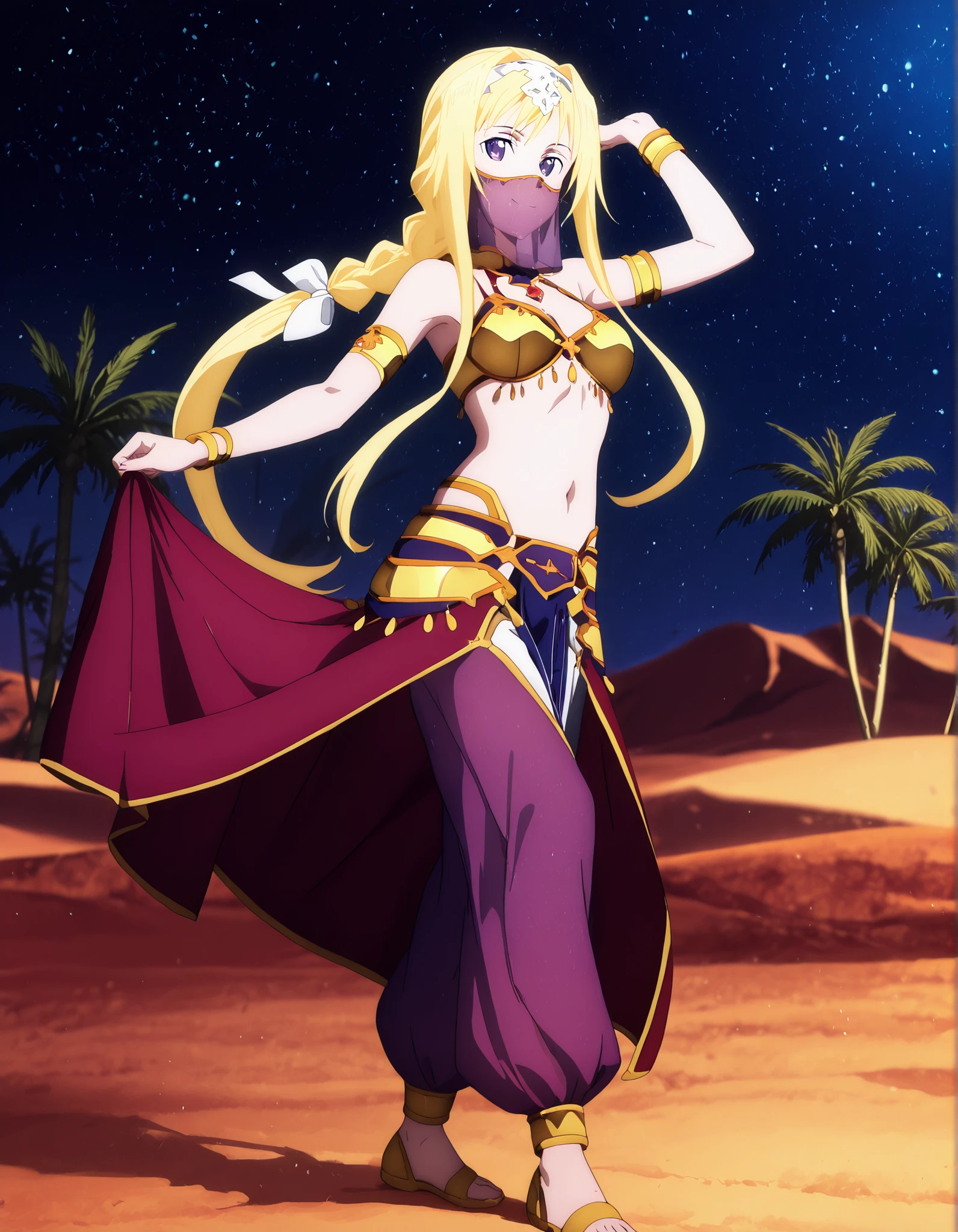 (1girl:1 . 5) , (Seul:1 . 5) , score_9 , score_8_haut , score_7_haut , source_anime , Official work , ultra-detailed , masterpiece , better quality , high resolution , beaux yeux , detailed eyes , Detailed face , beautiful detailed eyes ,Sword Art Online,Alice Zuberg,Arabian Clothes , Arabian Dancer ,belly dancer costume,belly dancer outfit ,full body,golden jewelery,mouth veil,armlet, belly dancing,night,desert lands,palm tree,seductive smile, dancing with veil, dynamic movement,dance posture, seductive pose