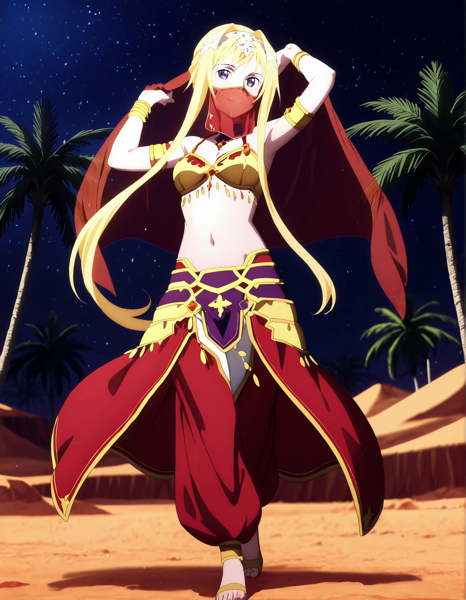 (1girl:1 . 5) , (Seul:1 . 5) , score_9 , score_8_haut , score_7_haut , source_anime , Official work , ultra-detailed , masterpiece , better quality , high resolution , beaux yeux , detailed eyes , Detailed face , beautiful detailed eyes ,Sword Art Online,Alice Zuberg,Arabian Clothes , Arabian Dancer ,belly dancer costume,belly dancer outfit ,full body,golden jewelery,mouth veil,armlet, belly dancing,night,desert lands,palm tree,seductive smile, dancing with veil, dynamic movement,dance posture, seductive pose