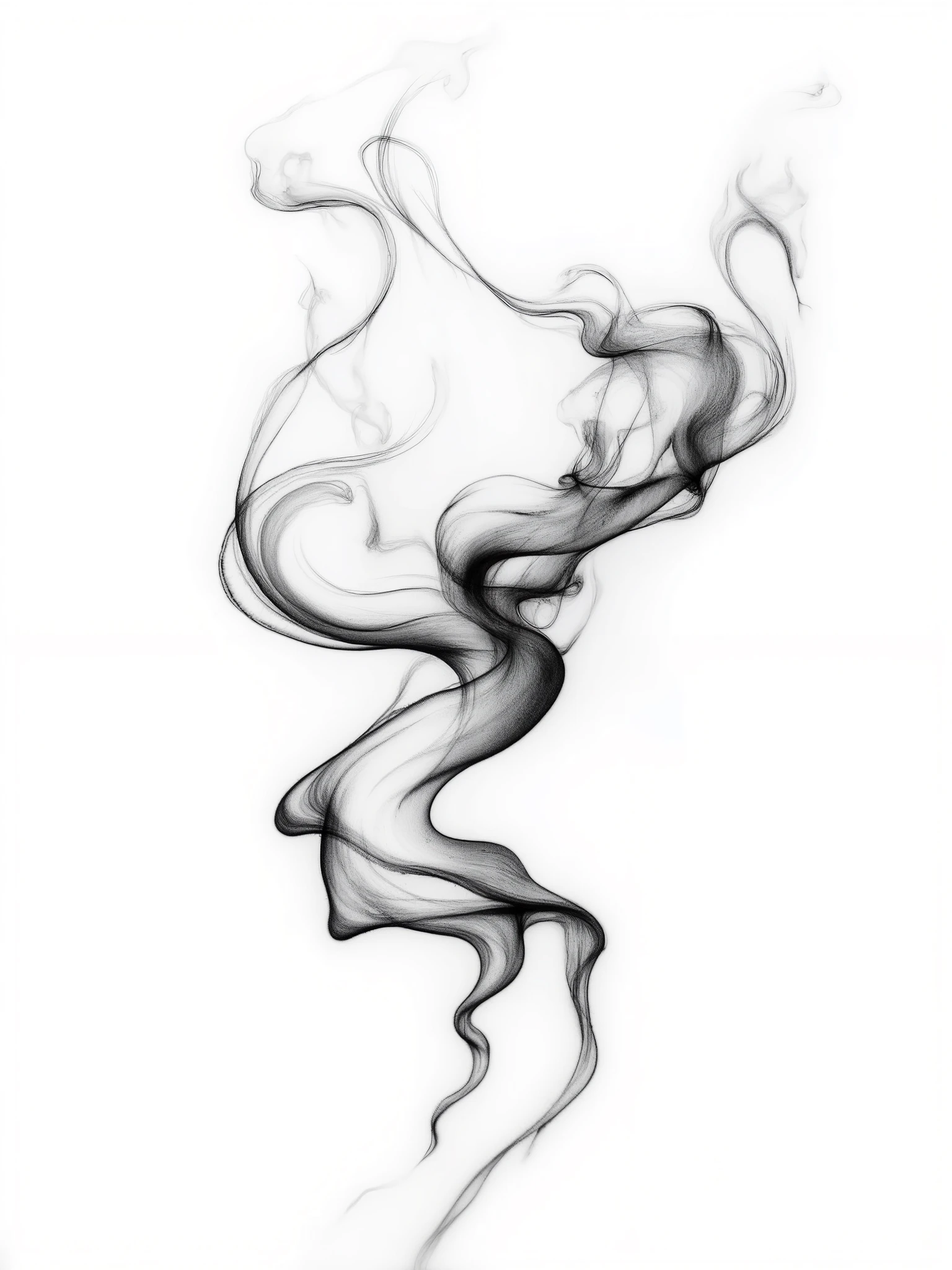 Black and white abstract smoke photography, flowing wisps of smoke forming organic shapes, soft curves and elegant patterns on white background, ethereal and artistic, more smoke