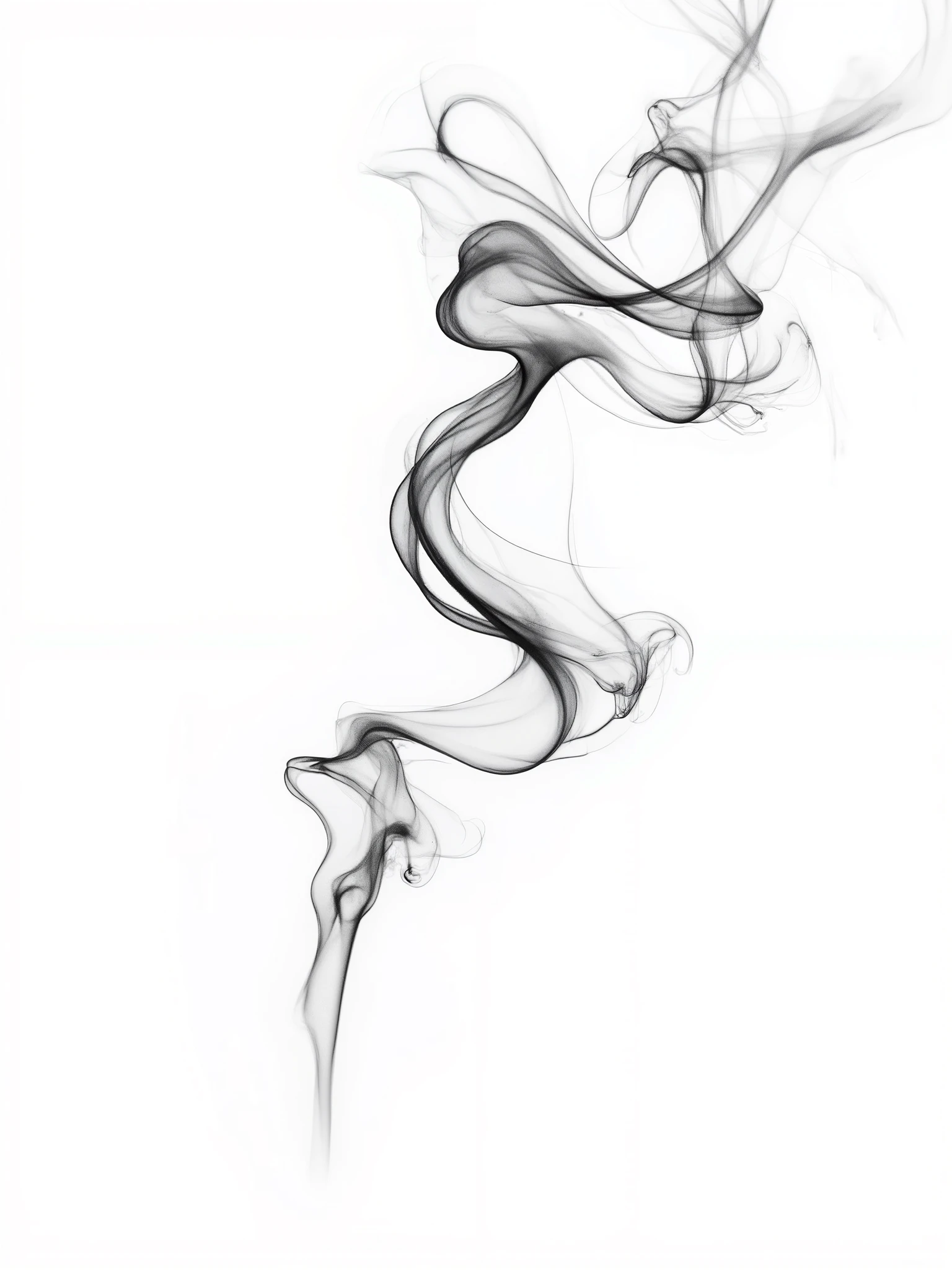 Black and white abstract smoke photography, flowing wisps of smoke forming organic shapes, soft curves and elegant patterns on white background, ethereal and artistic