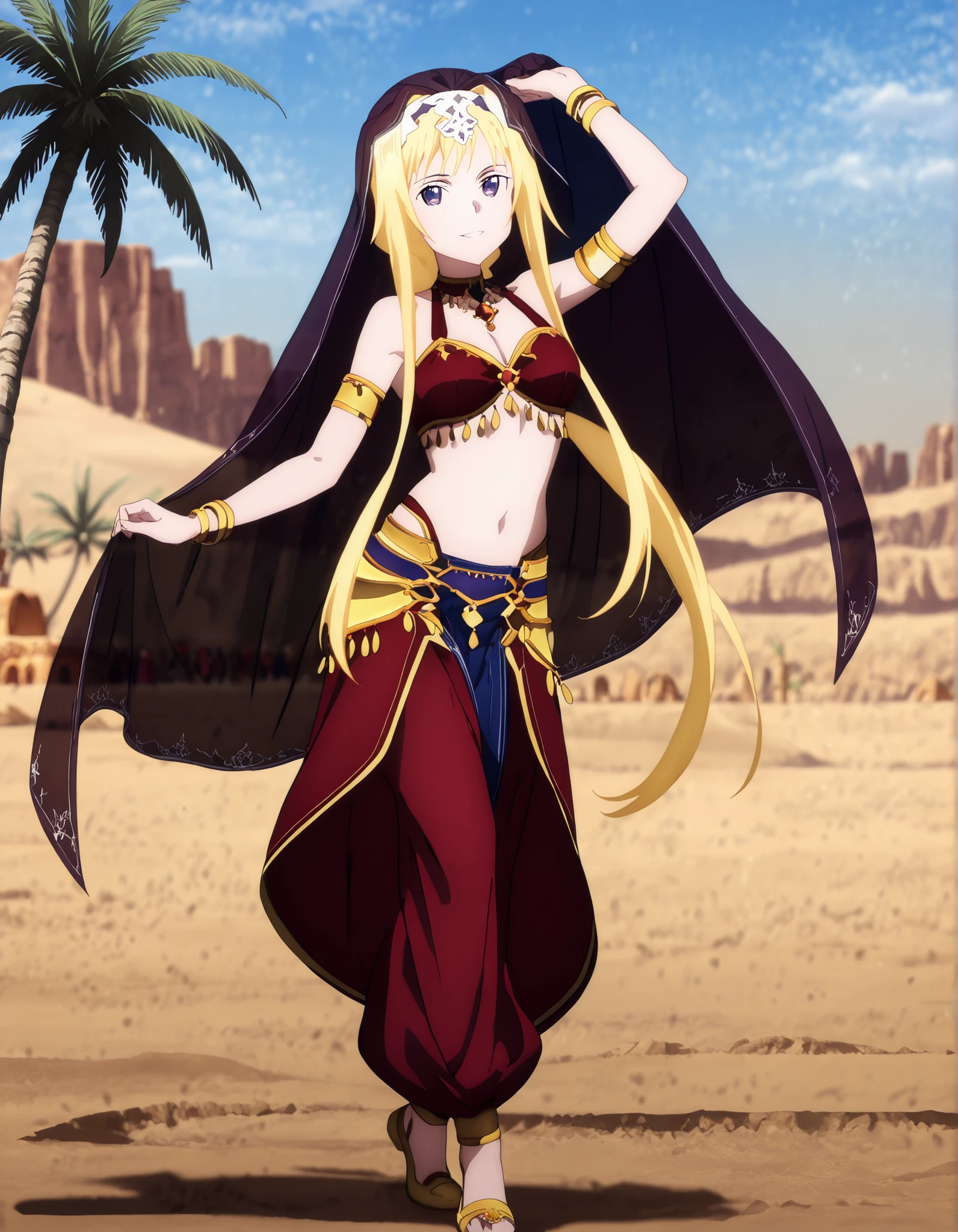 (1girl:1 . 5) , (Seul:1 . 5) , score_9 , score_8_haut , score_7_haut , source_anime , Official work , ultra-detailed , masterpiece , better quality , high resolution , beaux yeux , detailed eyes , Detailed face , beautiful detailed eyes ,Sword Art Online,Alice Zuberg,Arabian Clothes , Arabian Dancer ,belly dancer costume,belly dancer outfit ,full body,golden jewelery,armlet, belly dancing,desert lands,palm tree,seductive smile, dancing with veil, dynamic movement,dance posture, seductive pose