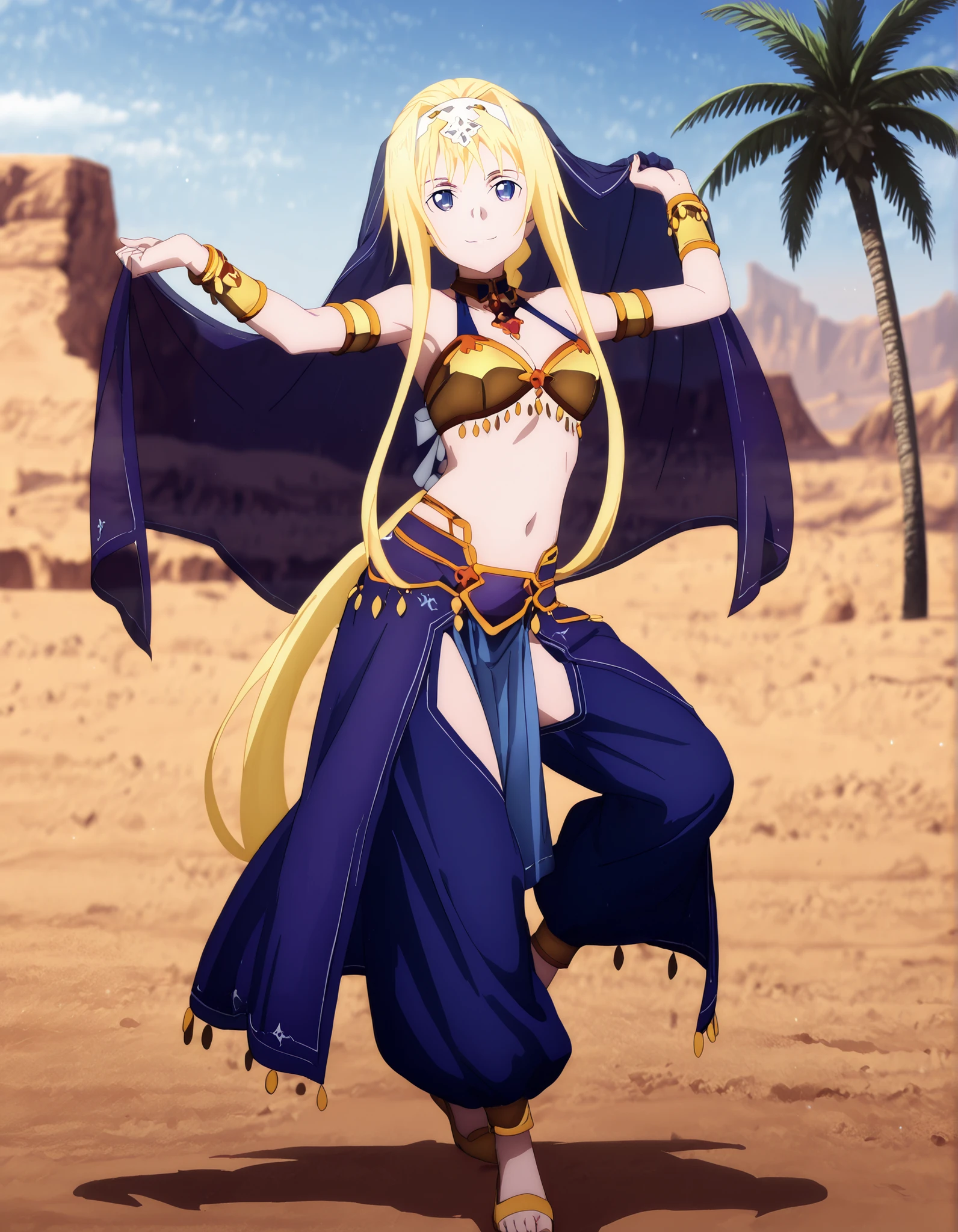 (1girl:1 . 5) , (Seul:1 . 5) , score_9 , score_8_haut , score_7_haut , source_anime , Official work , ultra-detailed , masterpiece , better quality , high resolution , beaux yeux , detailed eyes , Detailed face , beautiful detailed eyes ,Sword Art Online,Alice Zuberg,Arabian Clothes , Arabian Dancer ,belly dancer costume,belly dancer outfit ,full body,golden jewelery,armlet, belly dancing,desert lands,palm tree,seductive smile, dancing with veil, dynamic movement,dance posture, seductive pose