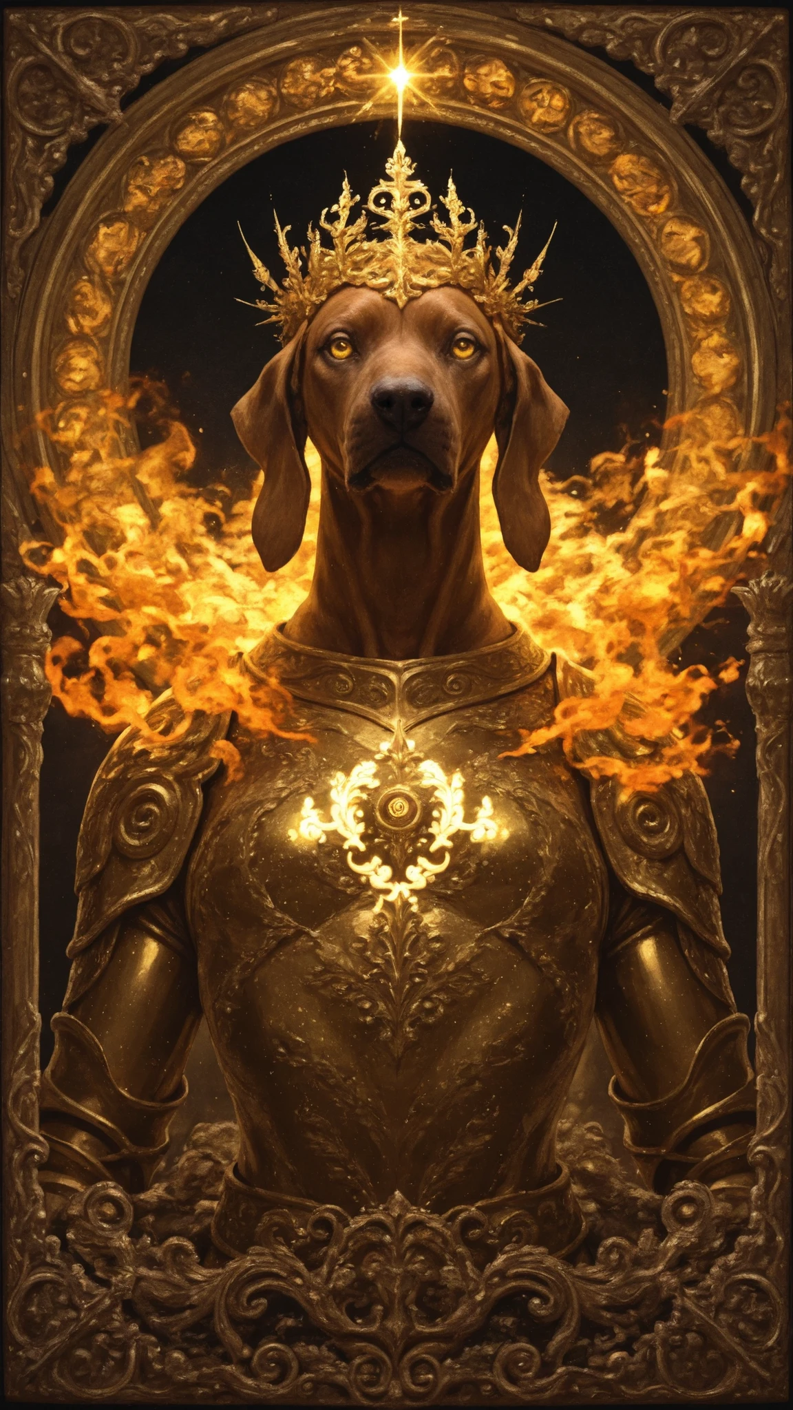 majestic (rhodesian ridgeback) in finely detailed gold armor, golden eyes, epic, legendary, warm open fire in the background, intricate, detailed, classical fantasy, ethereal, magical, dreamlike, surreal, visionary, intricate ornate frame, mythical, mystical, otherworldly, iridescent, luminous, glowing, shimmering, radiant, prismatic, kaleidoscopic, dramatic lighting, moody, atmospheric, painterly, rich colors, vibrant palette, lush, sumptuous