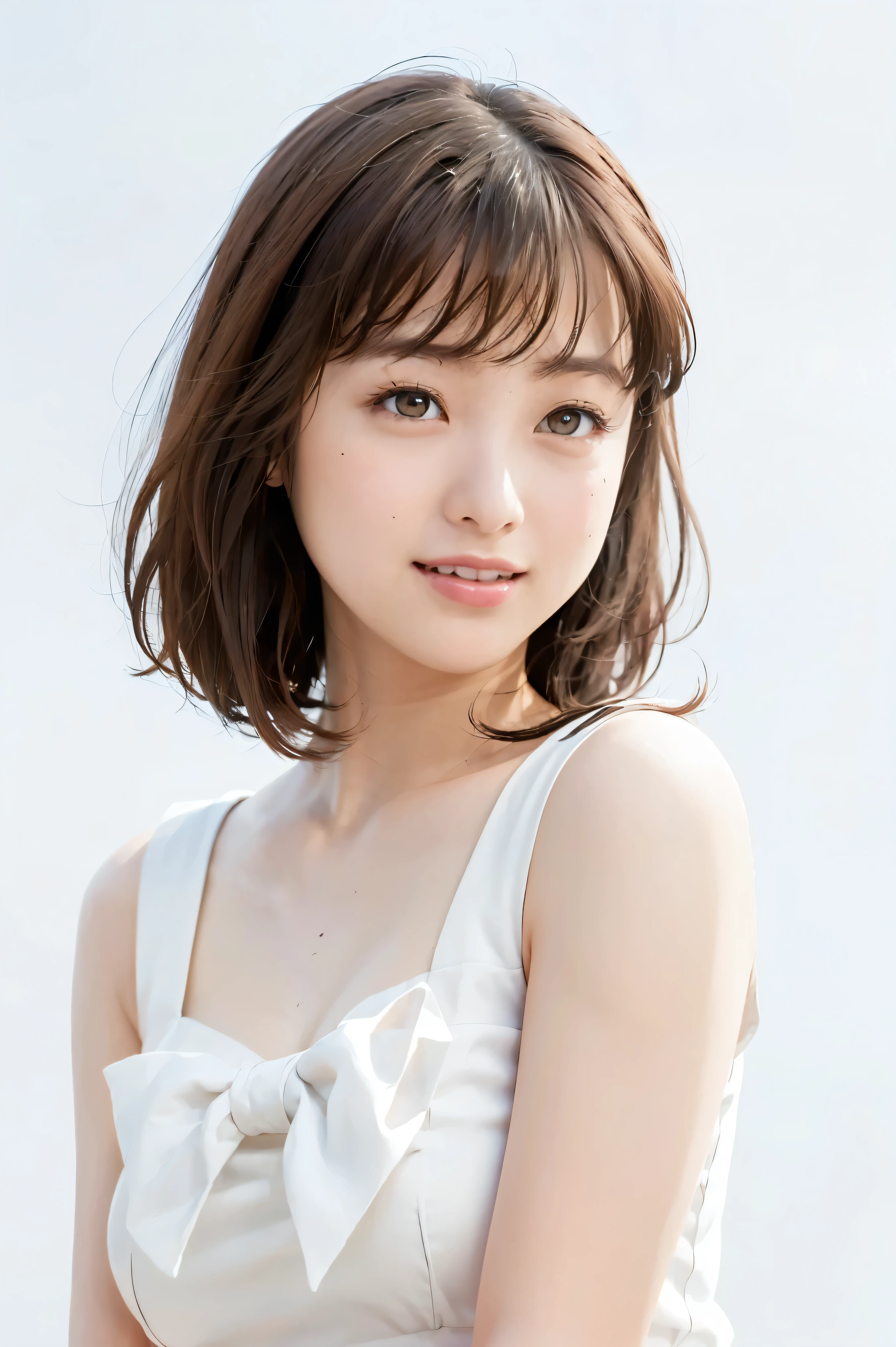 (Highest Quality, high-precision selection, masterpiece:1.2), Photo depicting facial expressions in detail 、 Closeup of a Woman's Face 、Take a picture close to the face、realistic:1.37,(perfect anatomy), 正面を向いた美しい女性、(portrait)、A woman dressed in Sailor Moon clothes is smiling、beautiful faces、A beautiful woman smiling at the camera、(expression)、(watching viewers)、staring at the viewer、beautiful skin,small breasts、(very big eyes)、big eyes,The corners of the eyes are slightly drooping、(glowing eyes:1.3)、beautiful skin 、beautiful lips、big eyes,short hair、 ,,(The background is all white:1.2)、has a white wall in the background