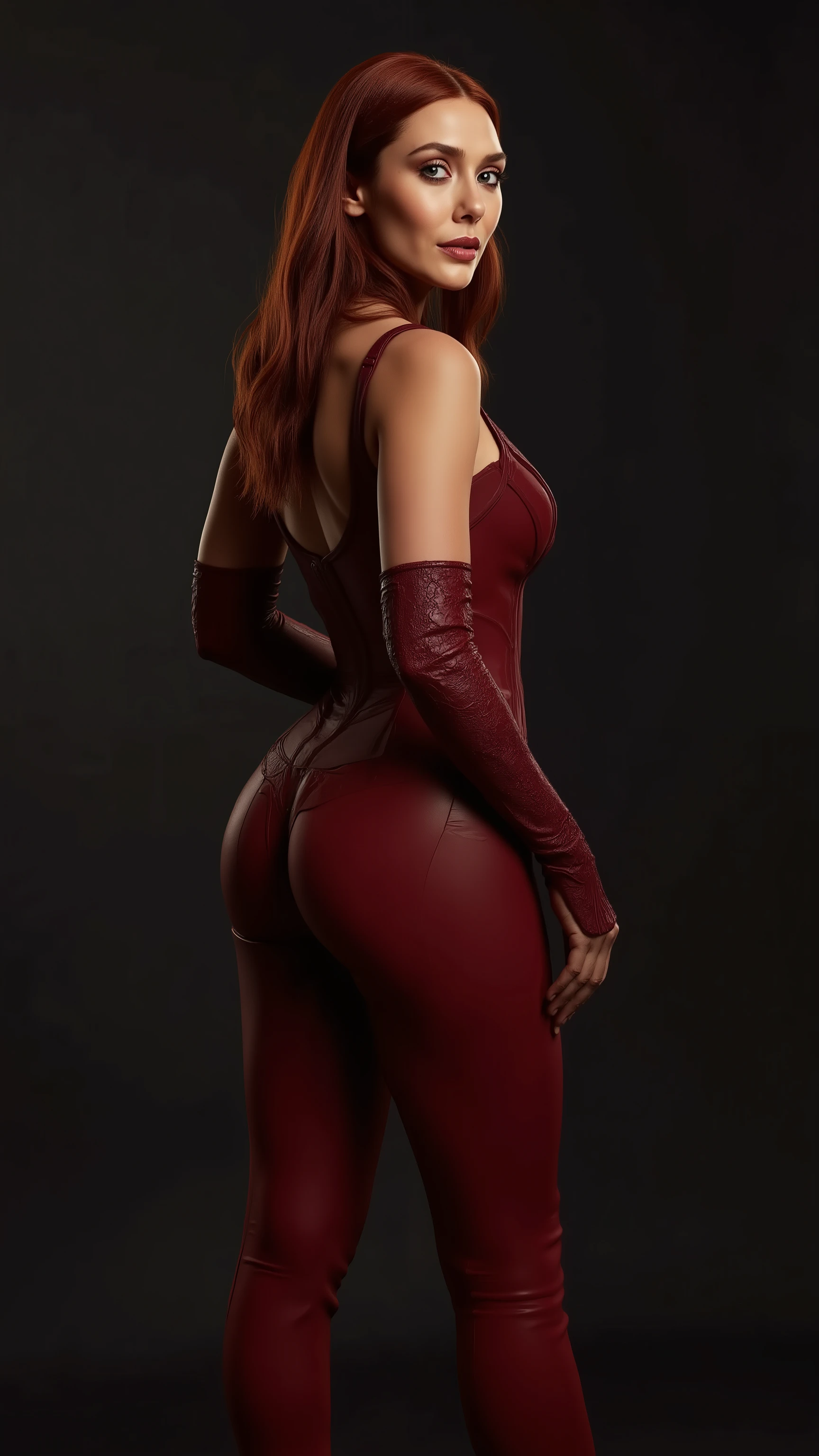 Masterpiece, hyper-realistic, 32k resolution, 9:16 aspect ratio, photorealistic full-body portrait. Scarlet Witch (Wanda Maximoff) inspired character, face nearly like Elizabeth Olsen. She has a toned, , curvy body with visible skin texture and pores. She wears a sensual dark crimson two-piece outfit made of sleek latex-like material, accentuating her curves, waist, , and thighs. The design is but tasteful, similar to a battle-costume version of Scarlet Witch.
She stands in a dramatic studio setting with chiaroscuro cinematic lighting, bright highlights emphasizing her form. Pose: her back is turned to the camera, she looks over her shoulder with a flirty, mysterious expression, chin slightly tucked. Confidence and allure radiate through her posture. Shot on a Hasselblad H6D 100MP sensor. Ultra-detailed, volumetric lighting, skin pores visible, 100% realistic. Head to feet full-body visible. She wear , , sensual and mini micro g-string bra.
