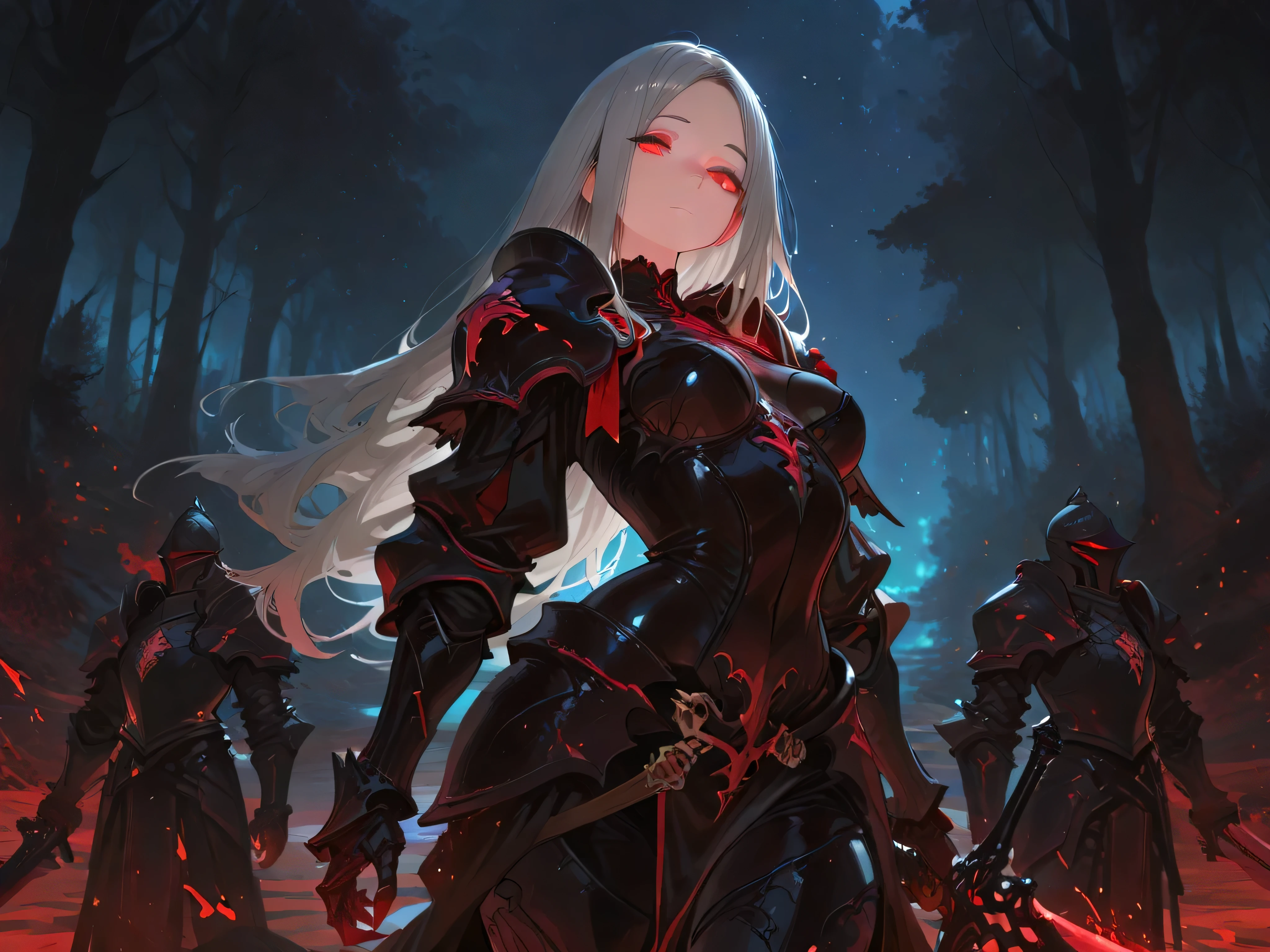 ((best quality)), ((masterpiece)), 1girl, ((long gray parted hair)), cute red eyes, elegant look, fantasy armor, dark knight, dynamic lighting, beatiful hands, detailed eyes, curvy body, medium breast, dark cursed longsword, dark magical forest, night, heavy armor, splashart, detailed sword, High quality sword
