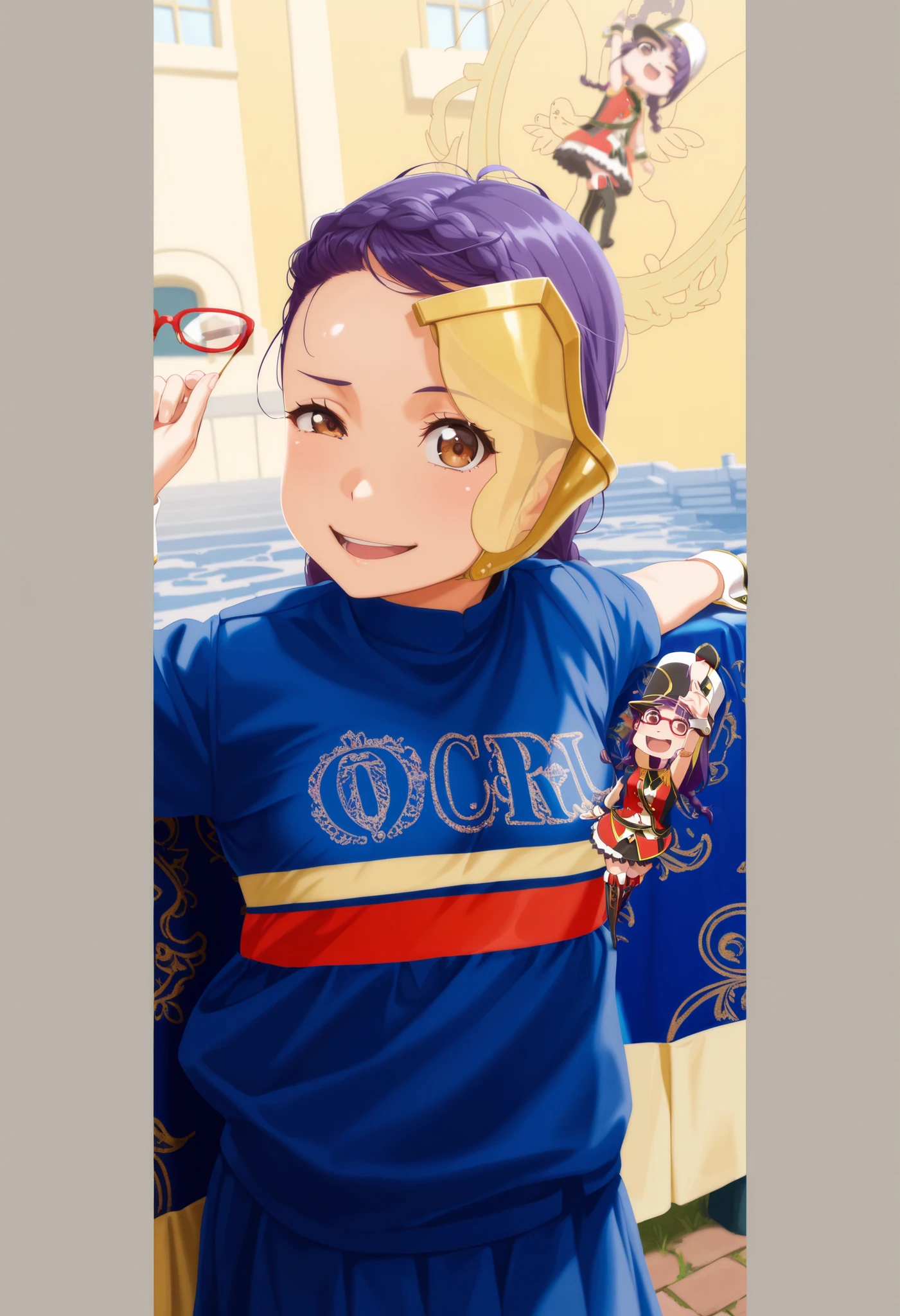 score_9, score_8_up, score_7_up, source_anime, solo, 1girl, looking at viewer, absurdres,highres,masterpiece,best quality,amazing quality, ultra detailed anime style, anime coloring, shiny skin, perfect eyes,detail1eye,well-defined fingers, AoiIzumizawa, brown eyes, purple hair, long hair, braid, twin braids, bangs, blunt bangs, antenna hair, glasses, red-framed eyewear, medium-small breasts, kokorohhw, hhw skirt, hhw shako cap, hhw band uniform, hhw wrist cuffs, hhw thigh boots, looking at viewer, smile,open mouth, arm up, wink, outdoors, street