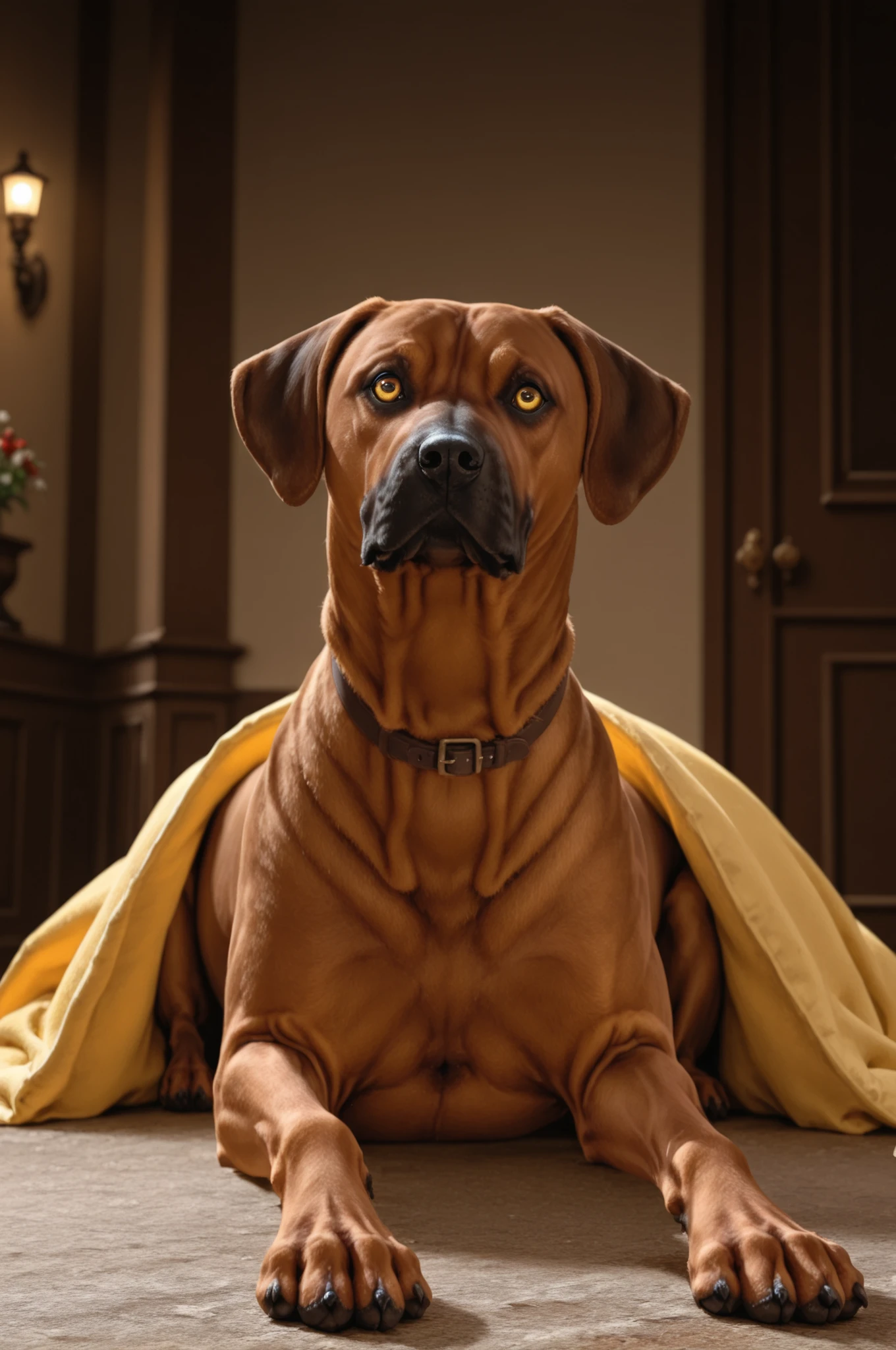 dramatic lighting, rhodesian ridgeback dog laying on a yellow blanket. Set against an Victorian backdrop that is covered in flowers. beautiful eyes, golden eyes, paws, red brown fur