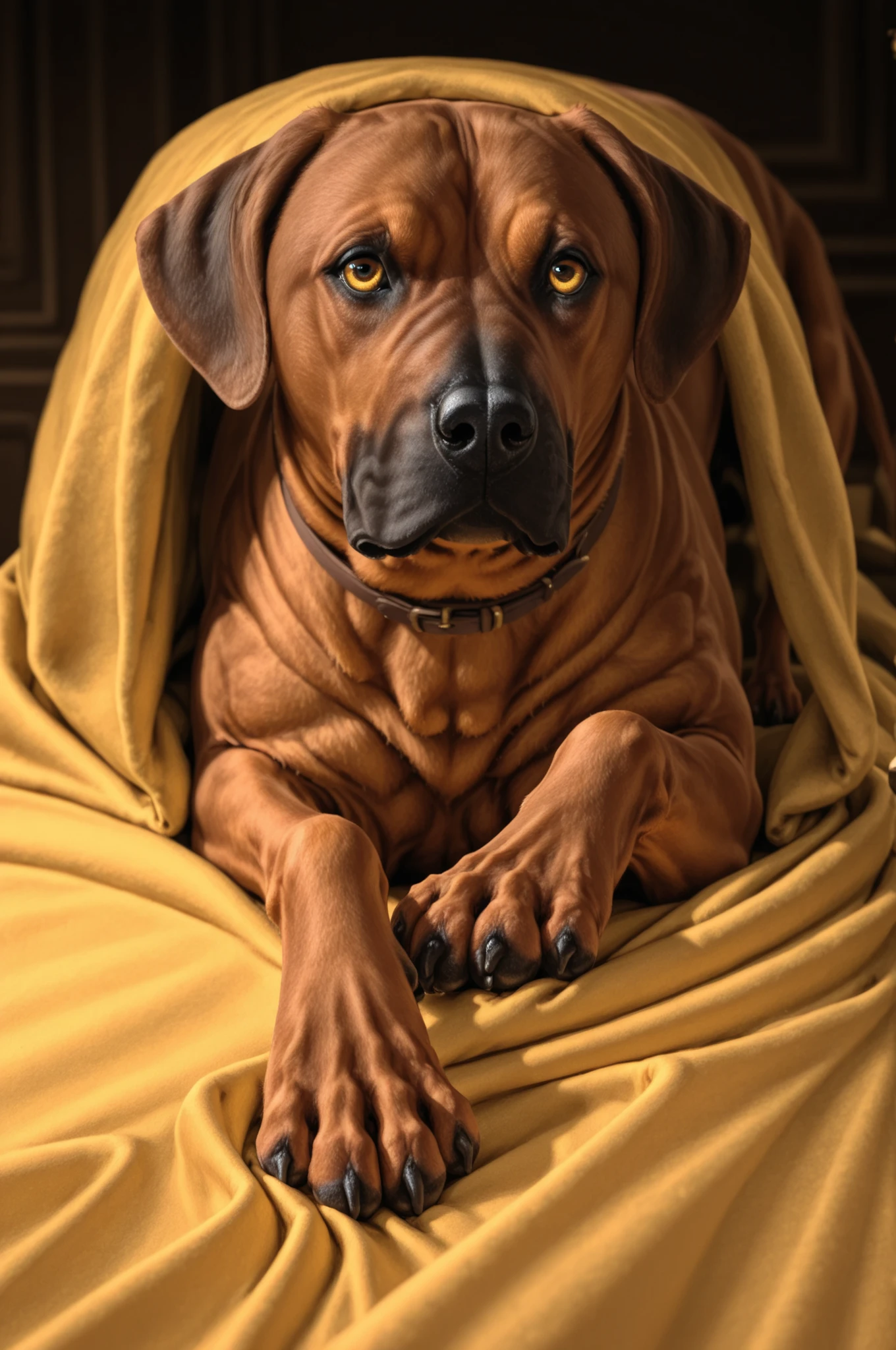 dramatic lighting, rhodesian ridgeback dog laying on a yellow blanket. Set against an Victorian backdrop that is covered in flowers. beautiful eyes, golden eyes, paws, red brown fur
