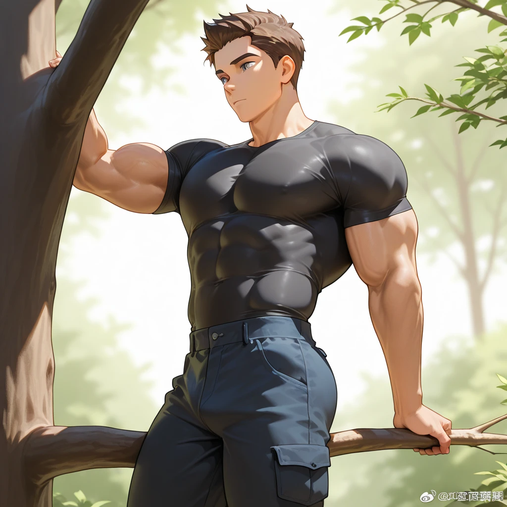 A very attractive young man with very short dark orange hair combed severely back, (hairy) although 4 small strands of hair just a couple of centimeters long fall on his forehead, his skin is tanned in a copper tone and amber eyes (((YELLOW WYES))) ((dark orange eyebrows)). He is  and is only wearing black cloth pants. He is very muscular with broad shoulders, prominent pectorals and very marked abs, training in the mountains with a waterfall behind him. (((Handsome))).