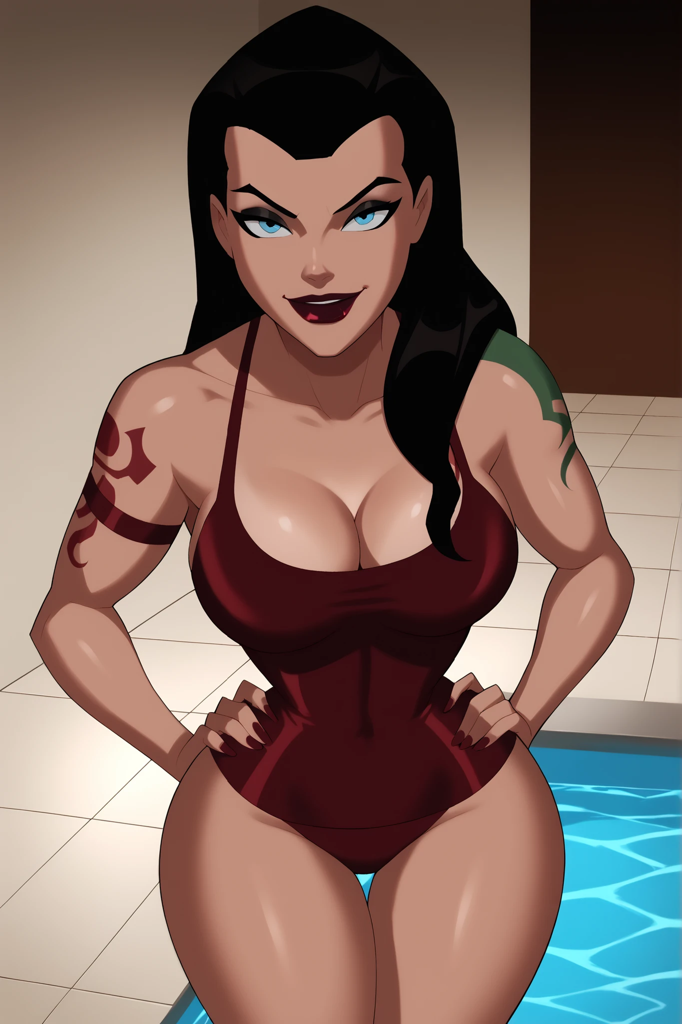 BREAK, score_9, score_8_up, score_7_up, score_6_up, Roulette, 1girl, solo, black hair, blue eyes, long hair, lipstick, makeup, very large breasts, cleavage, curvy, athletic, shoulder tattoo, thigh tattoo, looking at viewer, seducing viewer, teasing viewer, smile, closed mouth, seductive expression, bedroom eyes, busty, ruby red bikini top, ruby red bikini bottom, indoors, pool, standing, portrait, closeup, upper body, high-angle view, black eyeshadow, thick thighs, wide hips, hands on waist