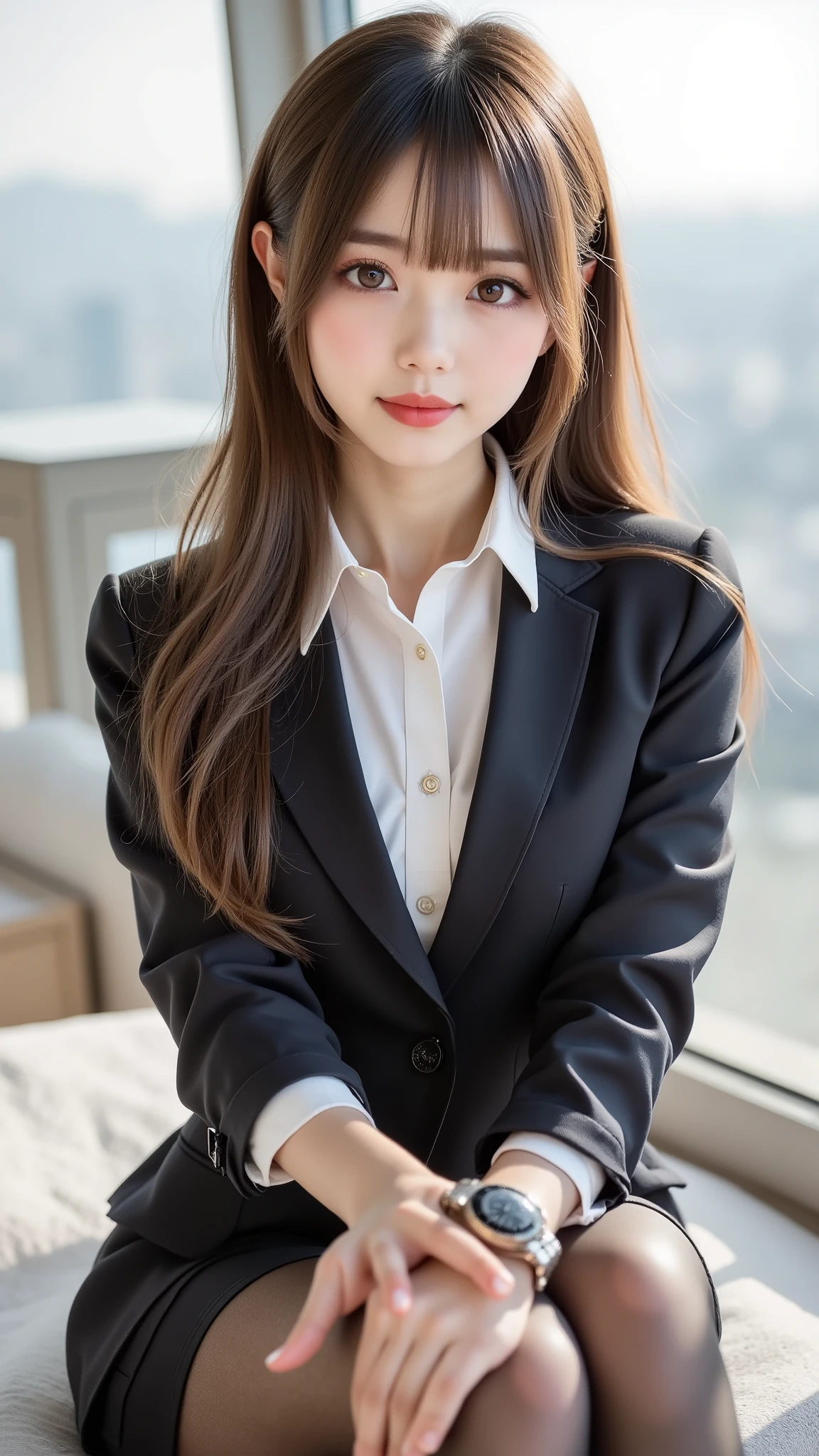 Pure Japanese Business Girl, wearing a formal business suit, HIGH HEELS, skirt, (Panties and pantyhose), Formal Hairstyles, Formal Makeup, Striking large brown eyes, pure smile, seated, open, sweet temptation , Professional Portrait Photos, Dazzling Summer Sun , 1 girl, solo, long hair, high resolution, watch, high resolution, masterpiece, are anatomically correct, correct, number々Awarded, 最高Quality, detail, high detail, HD model, Quality, very detailed, , textured skin, Ultra Fine, long hair, bangs, 目の間のbangs, とてもlong hair, quick, 分け目のあるbangs, flutter hair, princess cut, simple background, Glitter Effects, blurry, blur background, Super Detailedな, Super Detailed,