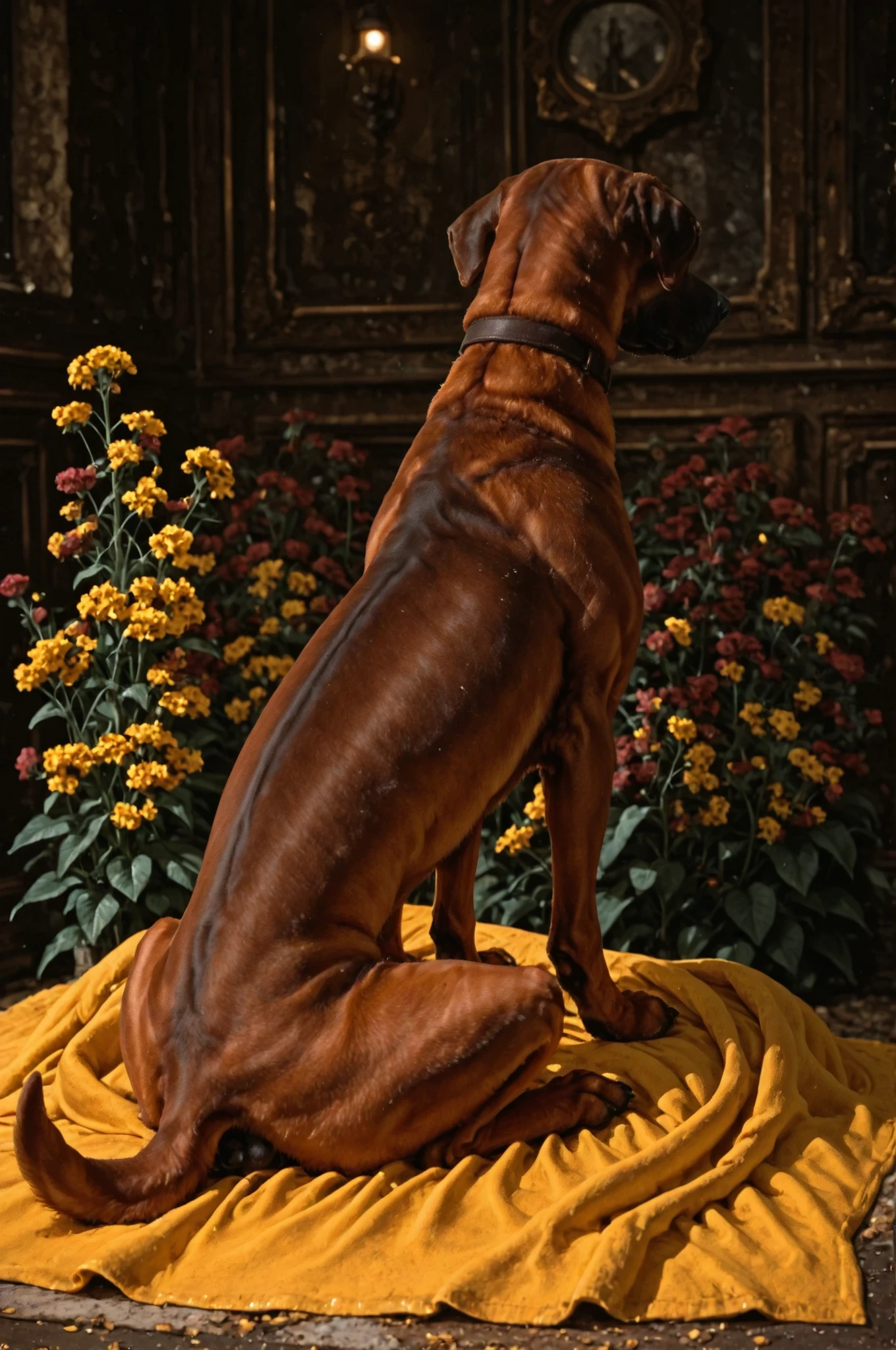 dramatic lighting, rhodesian ridgeback dog laying on a yellow blanket. Set against an Victorian backdrop that is covered in flowers. paws, red brown fur