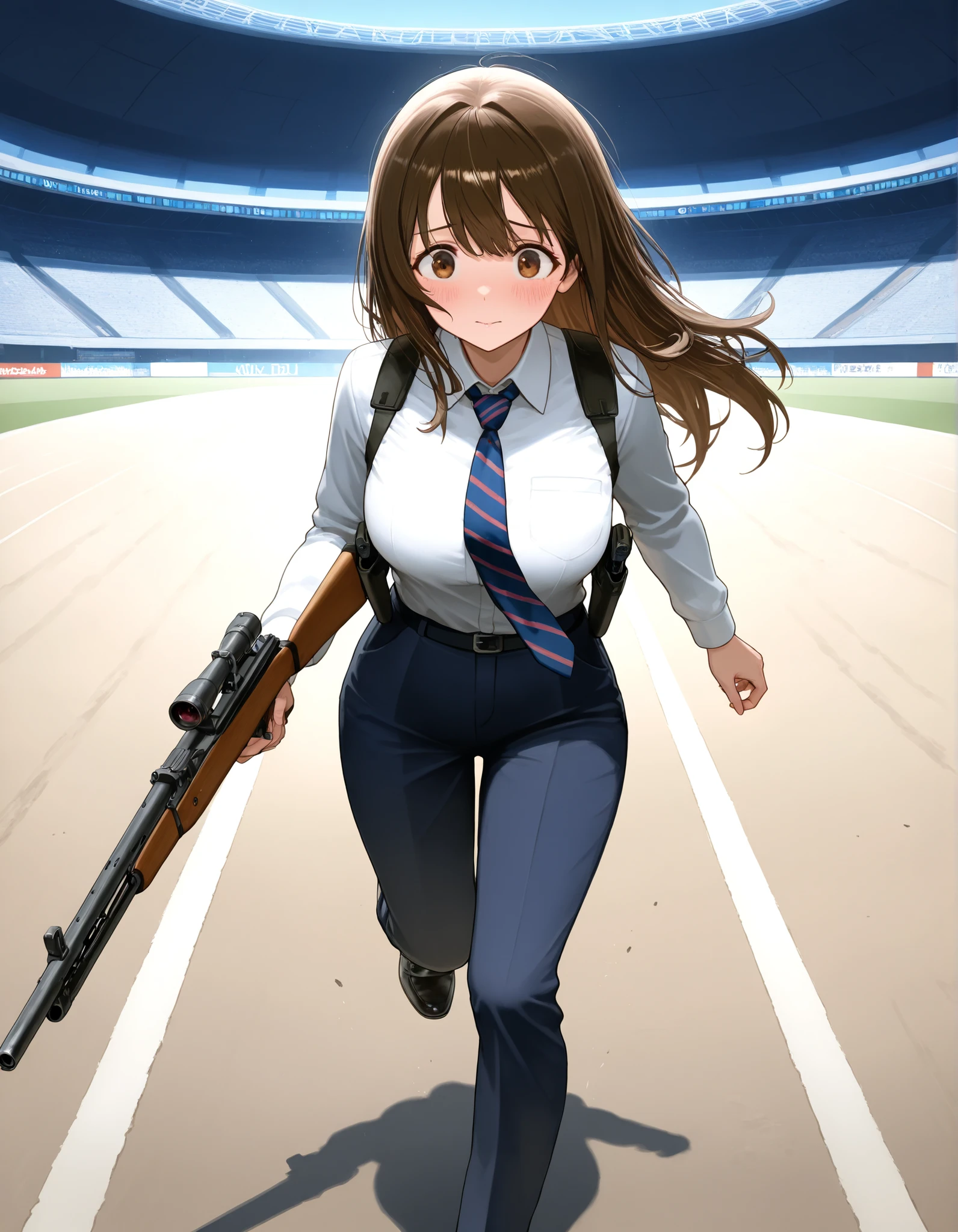 masterpiece, best quality, intricate details, detailed background, high resolution, 8k, professional, full shot, 1girl, 22 years old, solo, dark brown hair, long hair, tareme, hazel brown eyes, beautiful detailed eyes, beautiful detailed face, cute face, perfect hands, light blue collared shirt, long sleeves, shoulder holster, blue striped necktie, (pants, green slacks), black shoes, blush, shy and scared expression, klutzy posture, tokyo stadium backdrop, outdoors, adventurous atmosphere, ideal composition, daytime, running towards the viewer, looking away, holding a rifle, e11blstr