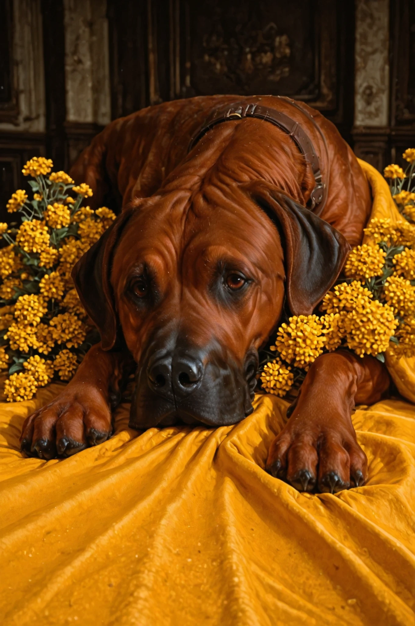 dramatic lighting, dynamic angle. rhodesian ridgeback dog laying on a yellow blanket. Set against an Victorian backdrop that is covered in flowers. paws, red brown fur