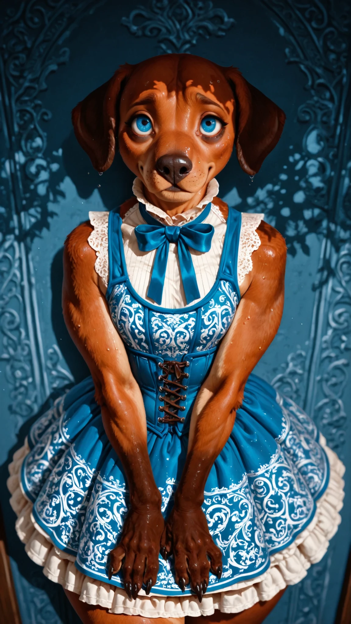 highres, masterpiece, creative, amazing lighting, magical, fantasy, depth of field, rule of thirds, off-center. dynamic high angle, anime style, source:anime, top quality, very aesthetic, vivid, bloom, portrait, a (tired rhodesian ridgeback girl), nerdy face, detailed eyes, blue eyes, petite, plump, thick thighs, curvy body, red brown fur, soft fur, sweaty, blue, smile, corset dress, courtly dress, short dress, layered dress, ribbons, white patterns on dress, (victorian style), multicolored nails, claws, tight dress, sleeveless, sexy, bedroom