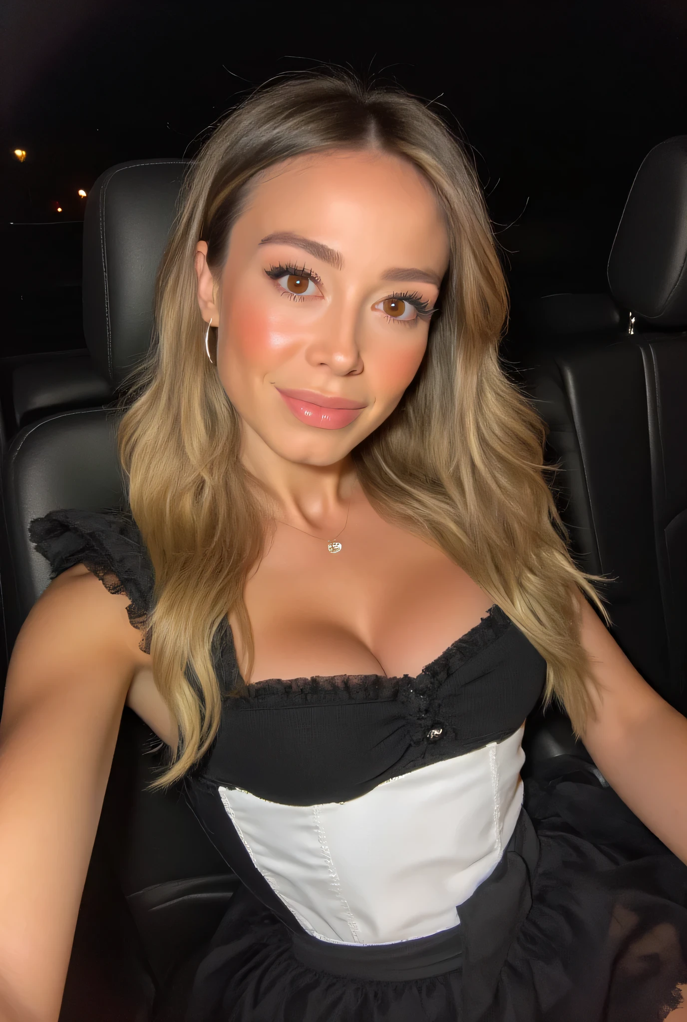 (diletta selfie in a back of a car). blonde long hair, night, flirting in porn french maid outfit, porn maid cosplay, big hoop ear rings, thin body, huge tits, cleavage, necklace. italy,night, late evening, porn, hot, stockings, diletta look the camera