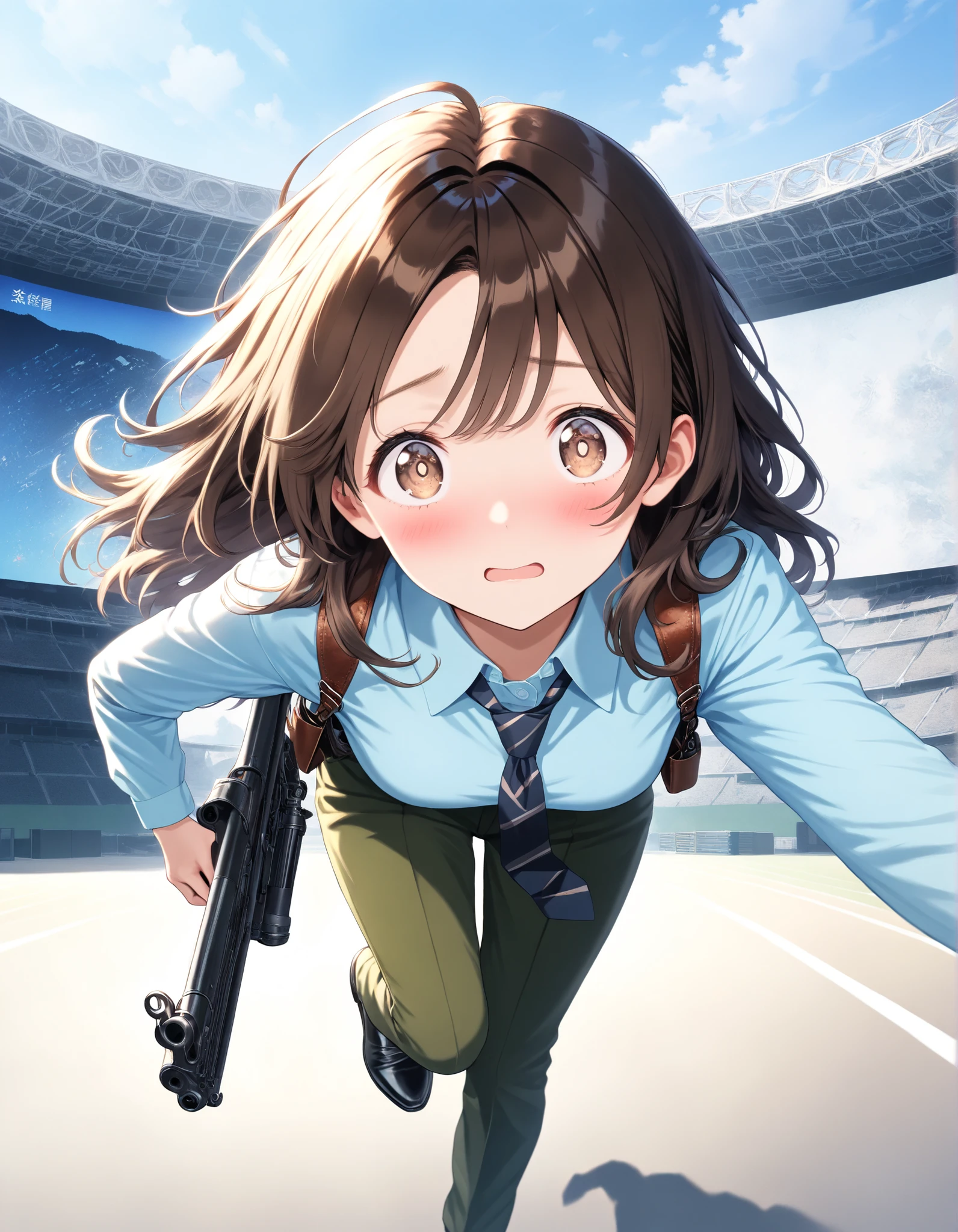 masterpiece, best quality, highly detailed, detailed background, high resolution, 8k, professional, full shot, 1girl, 22 years old, solo, dark brown hair, long hair, tareme, hazel brown eyes, beautiful detailed eyes, beautiful detailed face, cute face, perfect hands, light blue collared shirt, long sleeves, shoulder holster, blue striped necktie, (pants, green slacks), black shoes, blush, shy and scared expression, klutzy posture, tokyo stadium backdrop, outdoors, adventurous atmosphere, ideal composition, running towards the viewer, looking away, holding an e11blstr rifle
