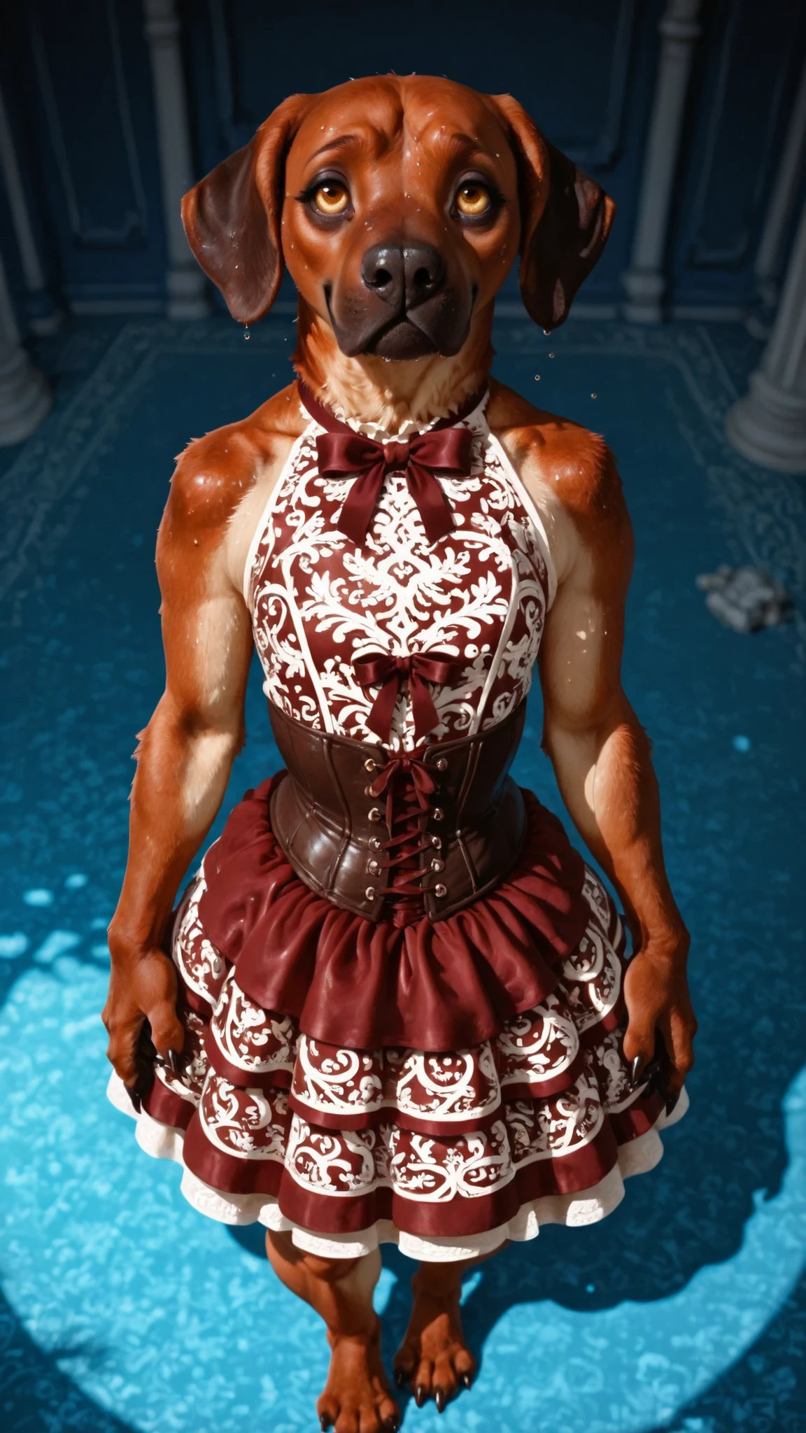 highres, masterpiece, creative, amazing lighting, magical, fantasy, depth of field, rule of thirds, off-center. dynamic high angle, anime style, top quality, very aesthetic, vivid, bloom, portrait, a (tired rhodesian ridgeback girl), nerdy face, detailed eyes, golden eyes, petite, plump, thick thighs, curvy body, red brown fur, soft fur, sweaty, blue, smile, corset dress, courtly dress, short dress, layered dress, ribbons, white patterns on dress, (victorian style), multicolored nails, claws, tight dress, sleeveless, sexy, bedroom