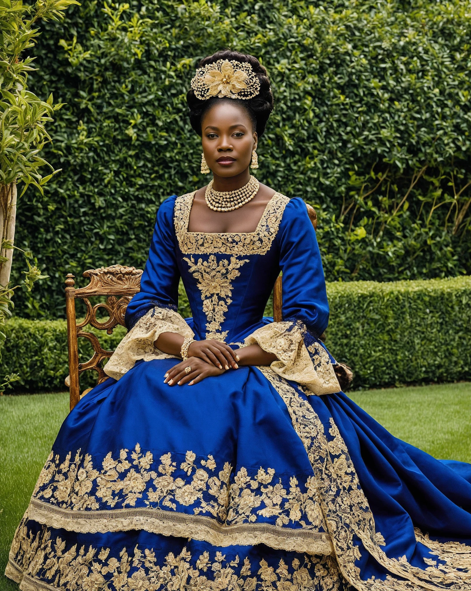dark skin woman, with orange eyes, green and blue victorian era dress, with long wavy black hair, short black gloves on hands, a red ring on her finger, lips a little wide, golden hoops in her ears