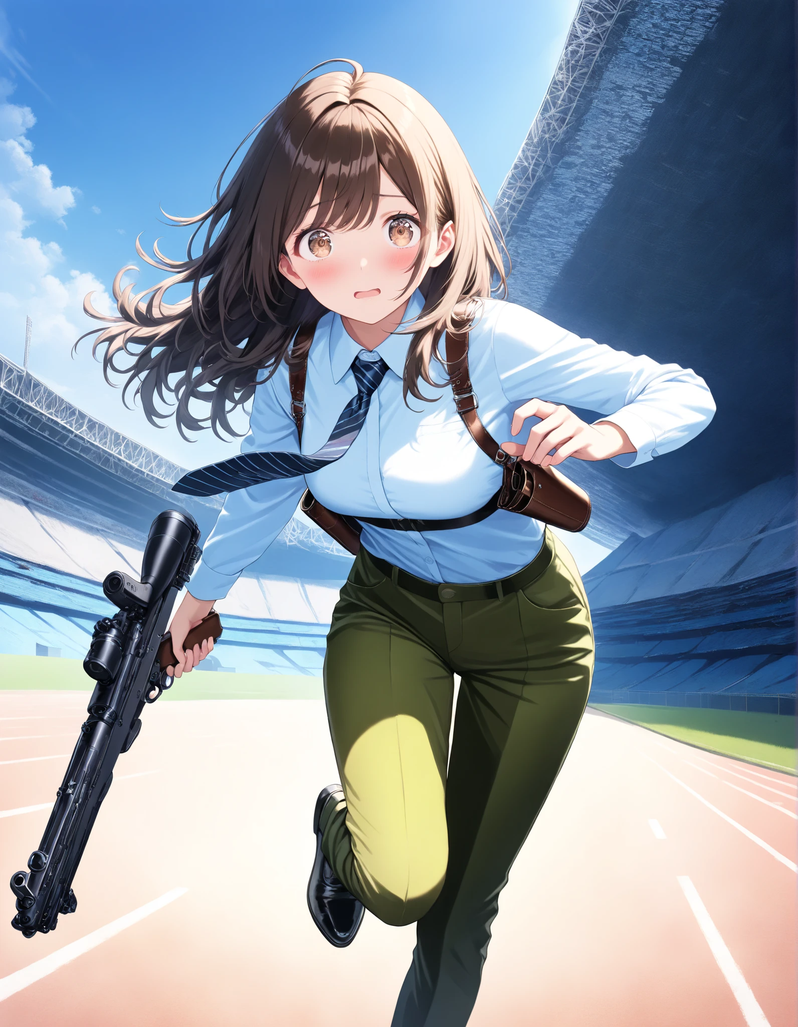 masterpiece, best quality, highly detailed, detailed background, high resolution, 8k, professional, full shot, 1girl, 22 years old, solo, dark brown hair, long hair, tareme, hazel brown eyes, beautiful detailed eyes, beautiful detailed face, cute face, perfect hands, light blue collared shirt, long sleeves, shoulder holster, blue striped necktie, (pants, green slacks), black shoes, blush, shy and scared expression, klutzy posture, tokyo stadium backdrop, outdoors, adventurous atmosphere, ideal composition, running towards the viewer, looking away, holding a rifle, e11blstr, cinematic lighting