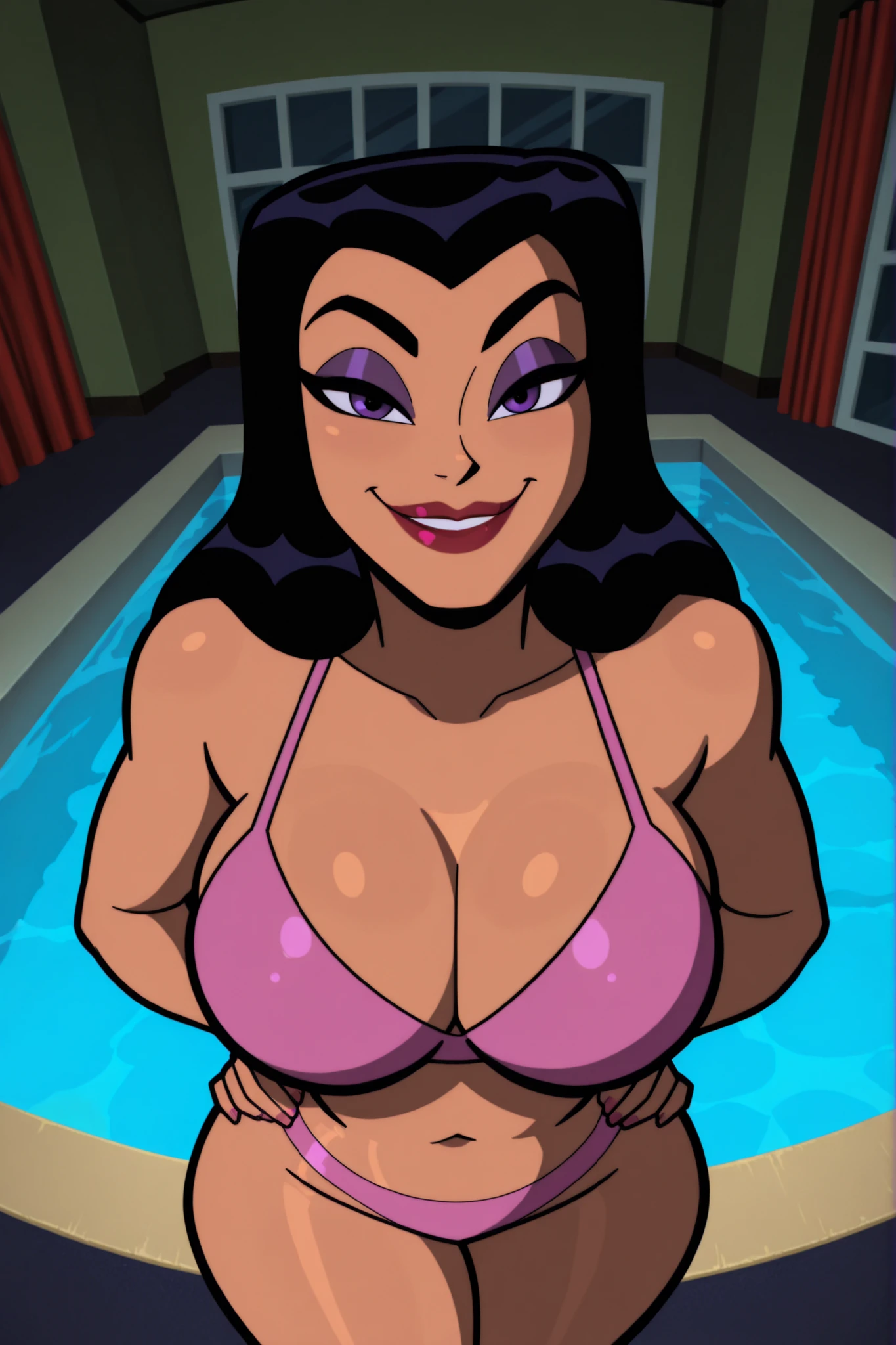 BREAK, score_8_up, score_7_up, score_6_up, score_9, h00nt33s 1girl, solo, long hair, very , smile, black hair, purple eyes, makeup, lipstick, cleavage, curvy, athletic, looking at viewer, seducing viewer, teasing viewer, indoors, pool, standing, expression, bedroom eyes, busty, pink top, pink bottom, portrait, upper body, closeup, high-angle view, dark purple eyeshadow, thick thighs, wide , hands on waist
