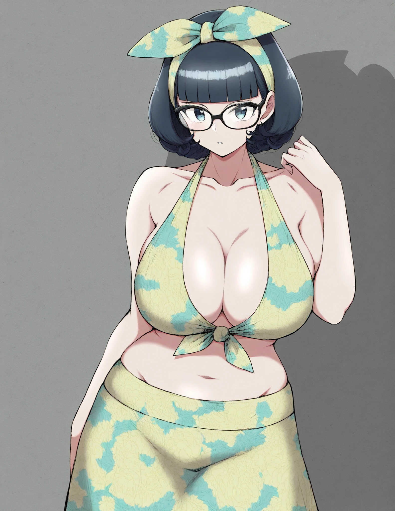 1girl, rockabilly, yellow halter sundress, ((blunt bangs)), glasses, outdoors, cowboy shot, collarbone, restaurant, hairband, hairbow, floral print mirco bikini, parted lips, large breasts and butt f3rn4nd0, western comic \(style\) masterpiece, best quality, very aesthetic, newest