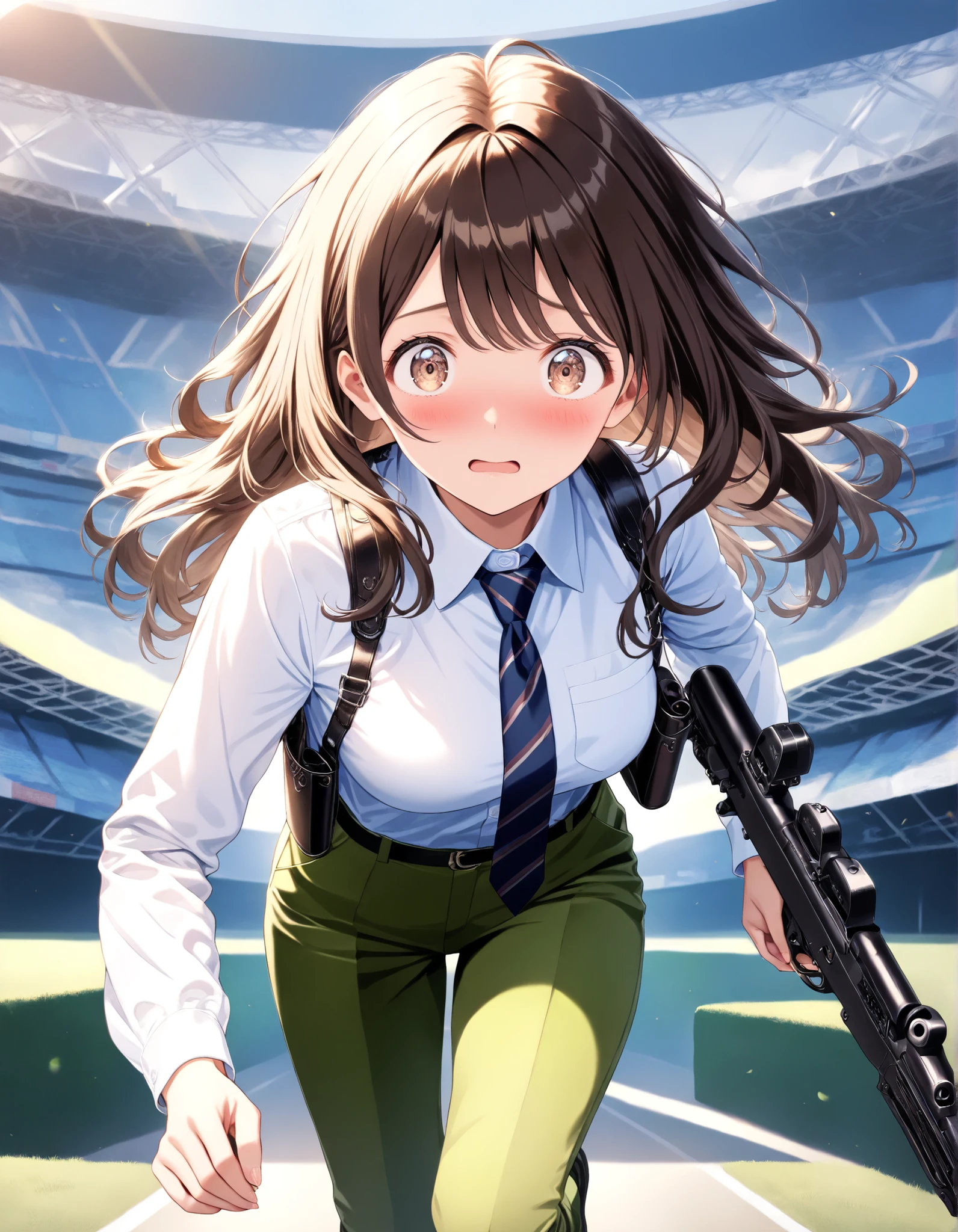 masterpiece, best quality, highly detailed, detailed background, high resolution, 8k, professional, full shot, 1girl, 22 years old, solo, dark brown hair, long hair, tareme, hazel brown eyes, beautiful detailed eyes, beautiful detailed face, cute face, perfect hands, light blue collared shirt, long sleeves, shoulder holster, blue striped necktie, (pants, green slacks), black shoes, blush, shy and scared expression, klutzy posture, tokyo stadium backdrop, outdoors, adventurous atmosphere, ideal composition, running towards the viewer, looking away, holding a rifle, e11blstr, cinematic lighting