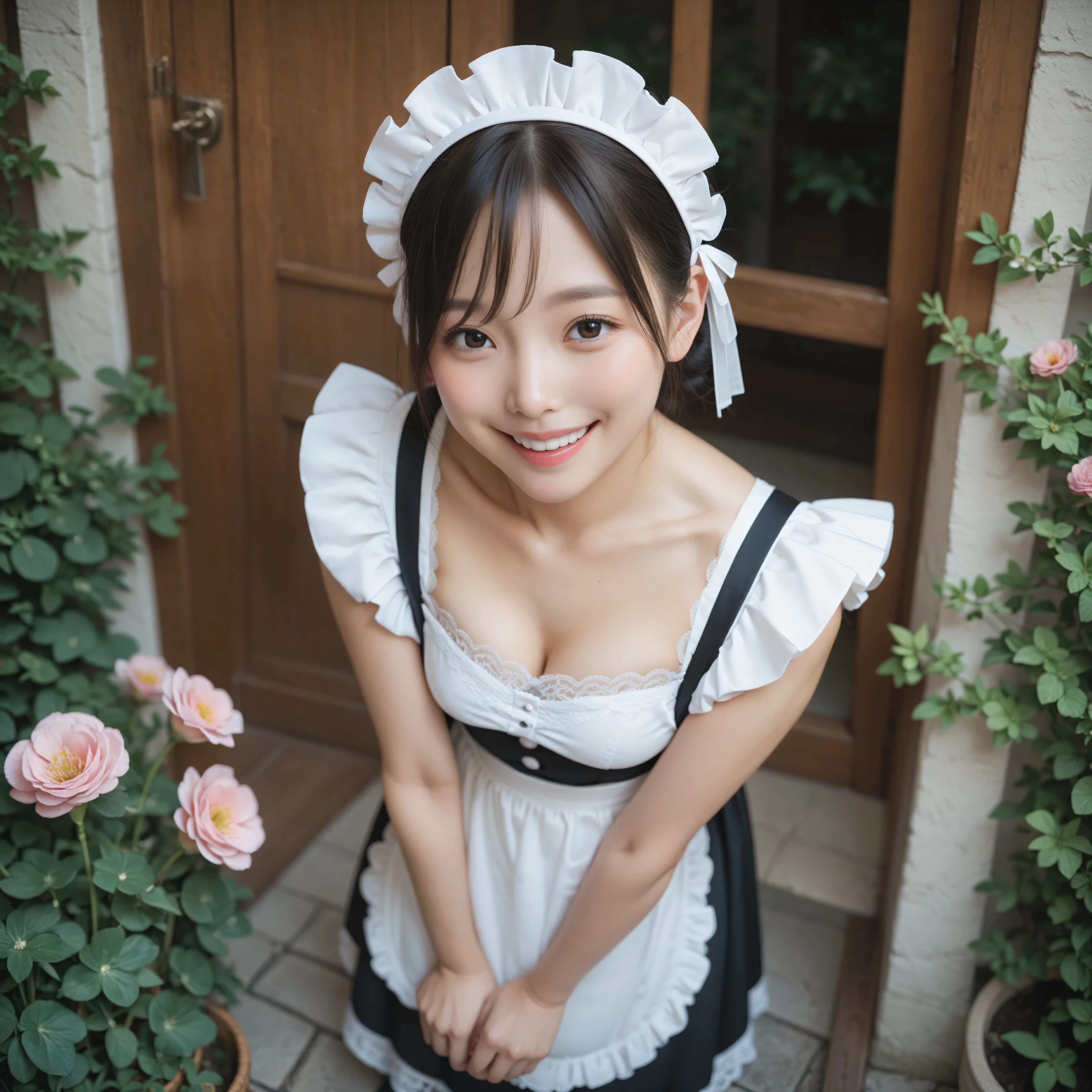 1 girl、maids,Look at the audience,(skinny:1.19),(younger:0.95),from above,lean forward,(big boobs:0.06),Watering flowers outside the mansion,Japanese,(Smile Yang:1.05),black lace stockings