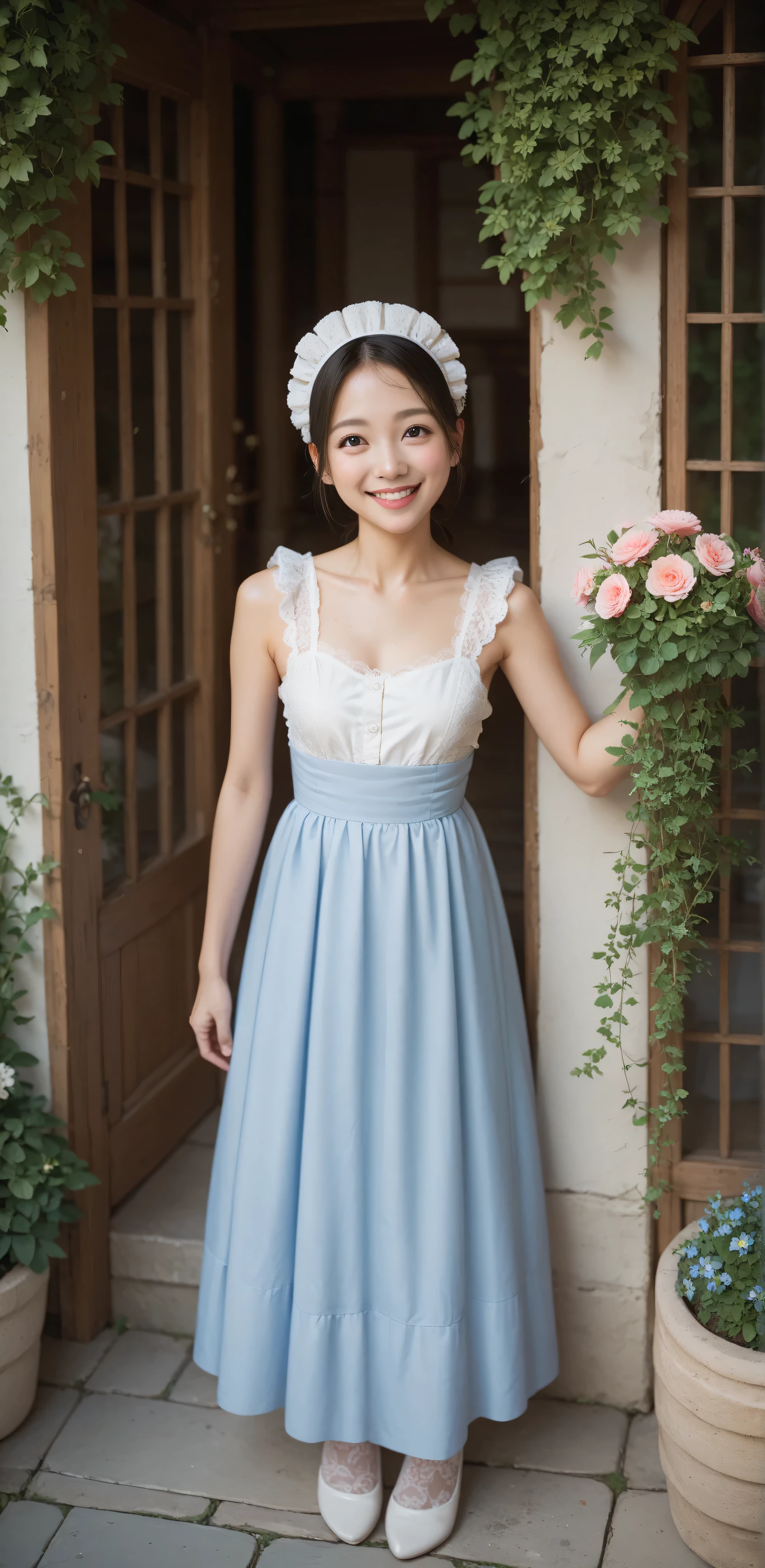 1 girl、maids,Look at the audience,(skinny:1.19),(younger:0.95),from above,lean forward,(big boobs:0.06),Watering flowers outside the mansion,Japanese,(Smile Yang:1.05),black lace stockings