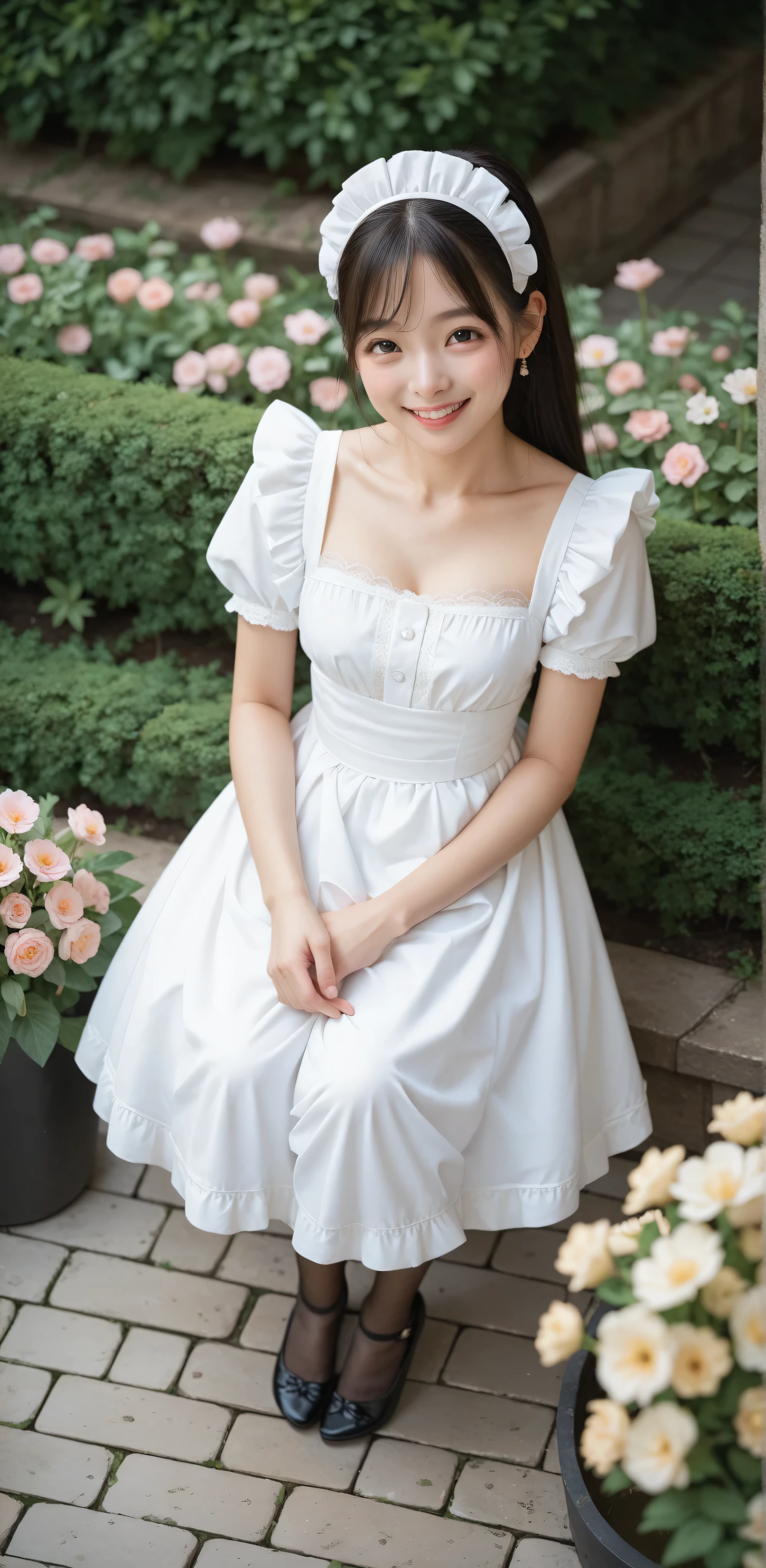 1 girl、maids,Look at the audience,(skinny:1.19),(younger:0.95),from above,lean forward,(big boobs:0.06),Watering flowers outside the mansion,Japanese,(Smile Yang:1.05),black lace stockings