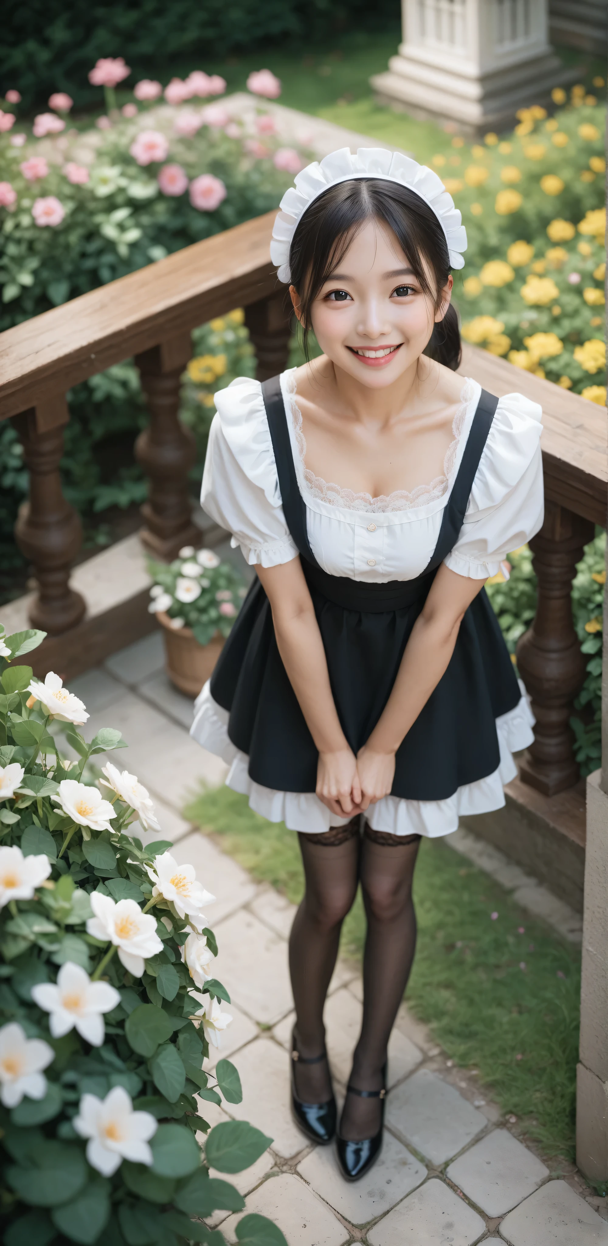 1 girl、maids,Look at the audience,(skinny:1.19),(younger:0.95),from above,lean forward,(big boobs:0.06),Watering flowers outside the mansion,Japanese,(Smile Yang:1.05),black lace stockings