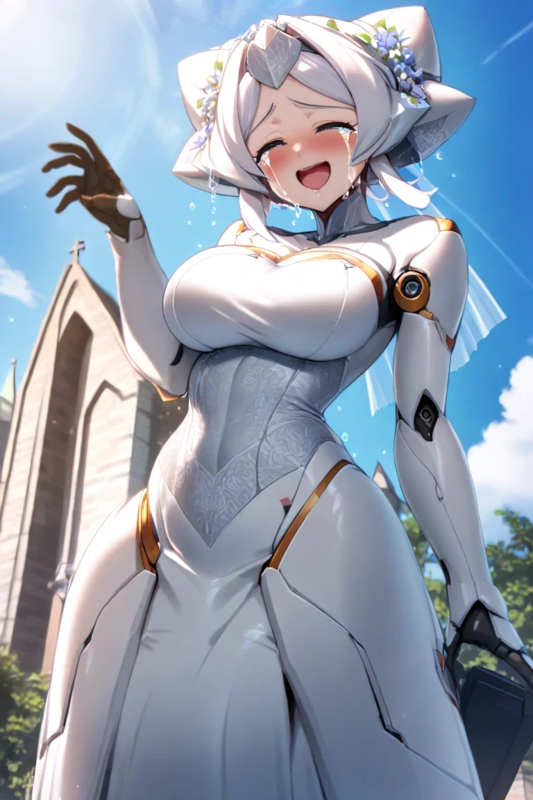 score_9_up,score_8_up,score_7_up,score_6_up,score_5_up,score_4_up,(((1 girl))),(((solo))),
no humans,Mecha,android ,(((wedding dress))),pekomama,(((milf))), (((mature female))),(((open eyes))),(((crying))),(smile),((acrobatic pose )),outdoor ,modern church ,at noon,cowboy shot,angle from front,