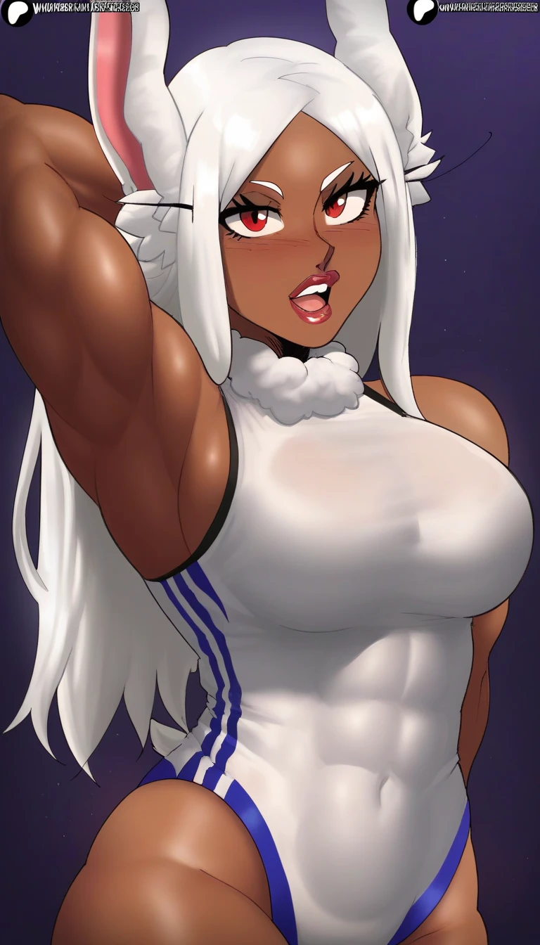 score_9, score_8_up, score_7_up BREAK 1girl, female, very long hair, straight hair, huge breasts, wide hips, thick thighs, Mirko, tight clothes, tank top, booty shorts, smile <lora:last-000005:0.9>