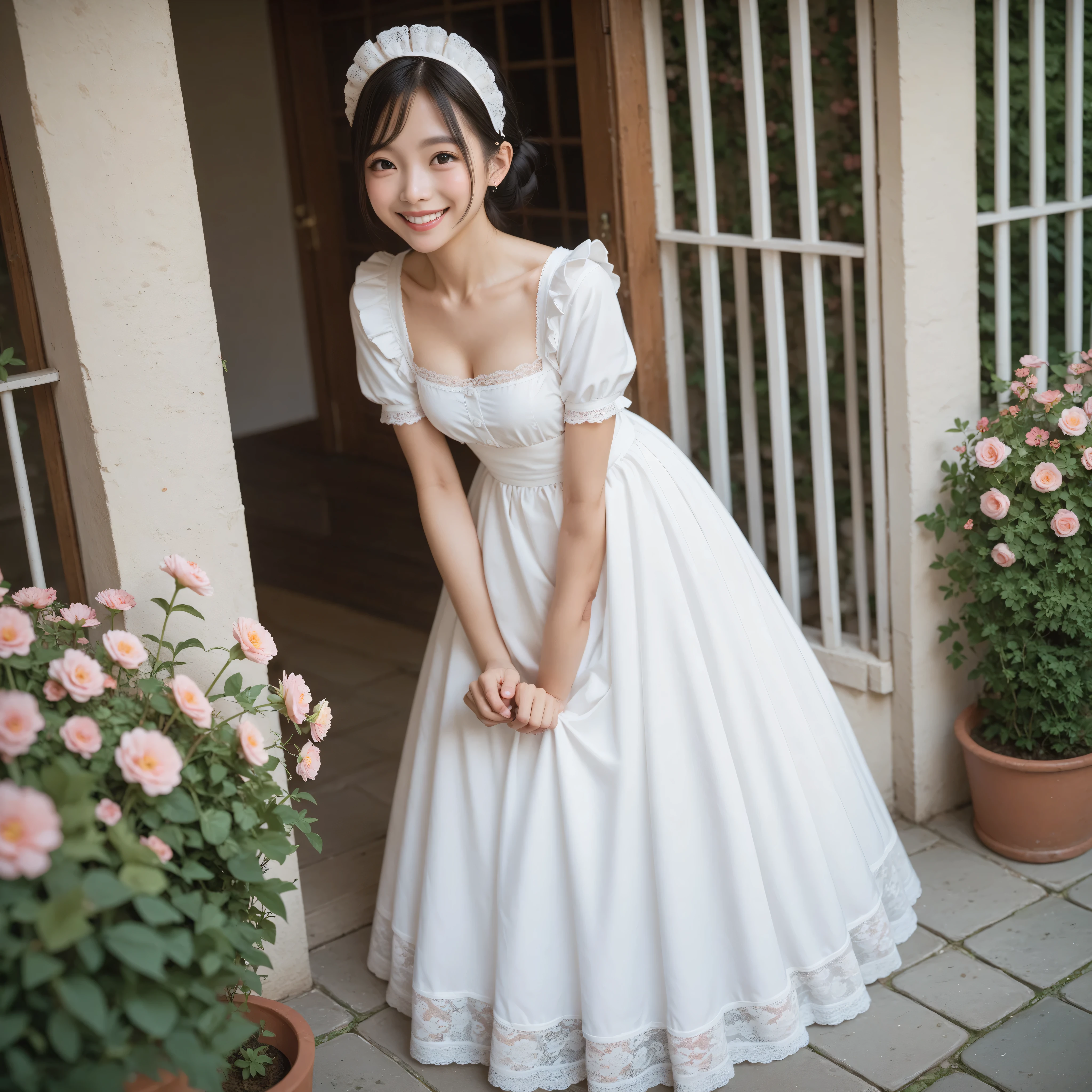 1 girl、maids,Look at the audience,(skinny:1.19),(younger:0.95),from above,lean forward,(big boobs:0.06),Watering flowers outside the mansion,Japanese,(Smile Yang:1.05),black lace stockings