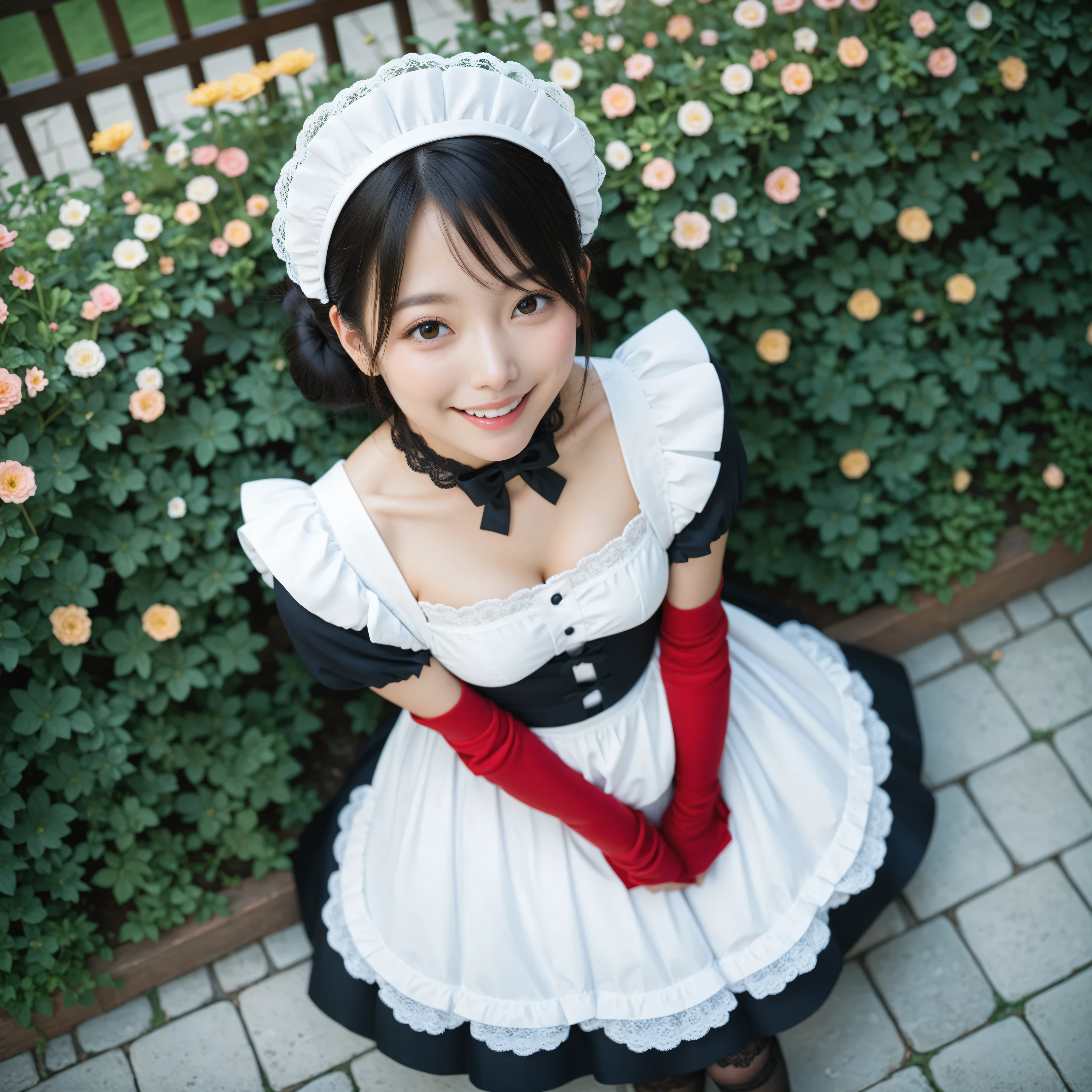 1 girl、maids,Look at the audience,(skinny:1.19),(younger:0.95),from above,lean forward,(big boobs:0.06),Watering flowers outside the mansion,Japanese,(Smile Yang:1.05),black lace stockings