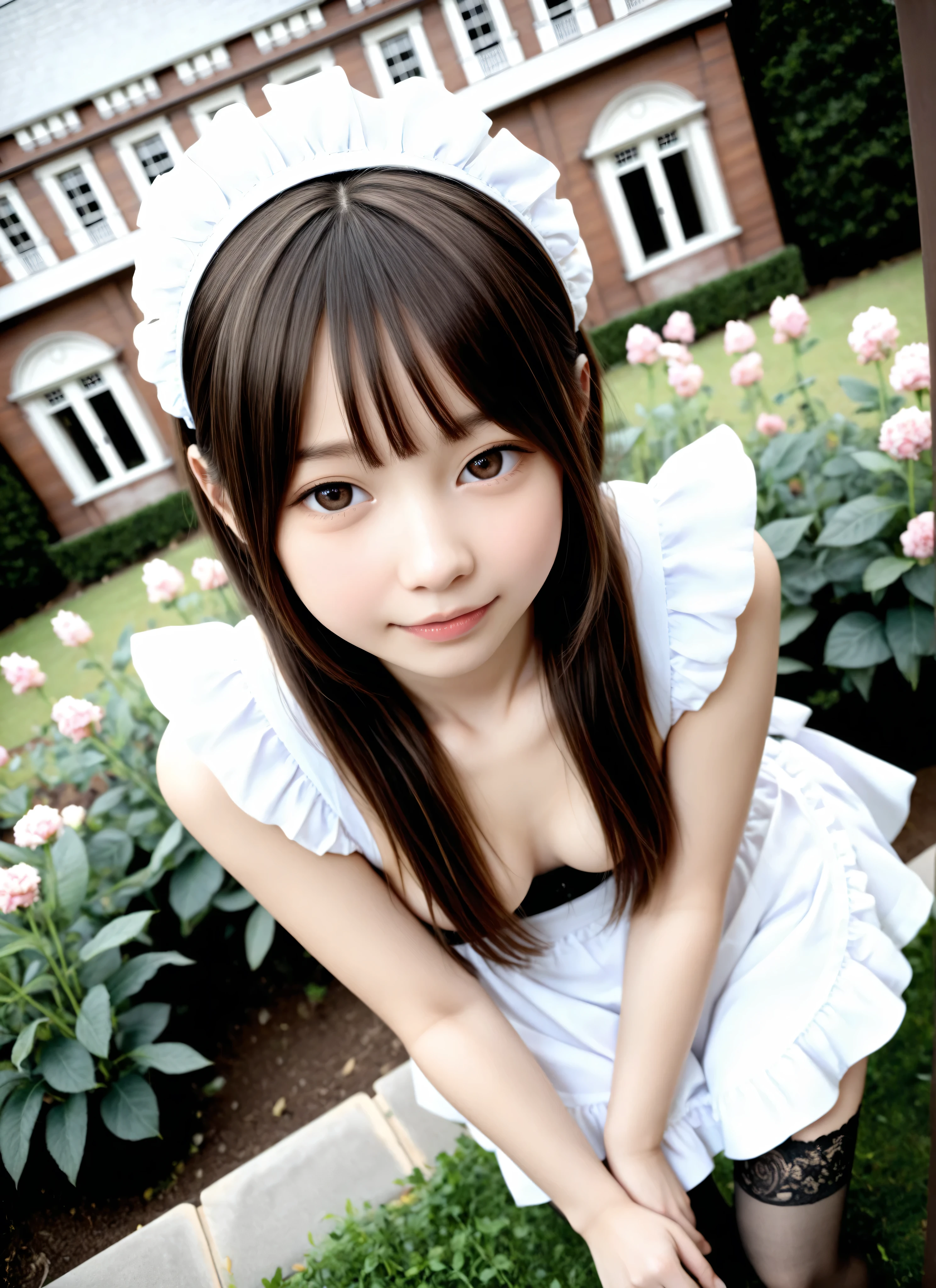 (Biological Corpse Factory)、maids,Look at the audience,(skinny:0.79),(younger:0.82),from above,(medium breasts:0.60),slouching forward,lean forward,Japanese,(Smile Yang:0.47),black lace stockings