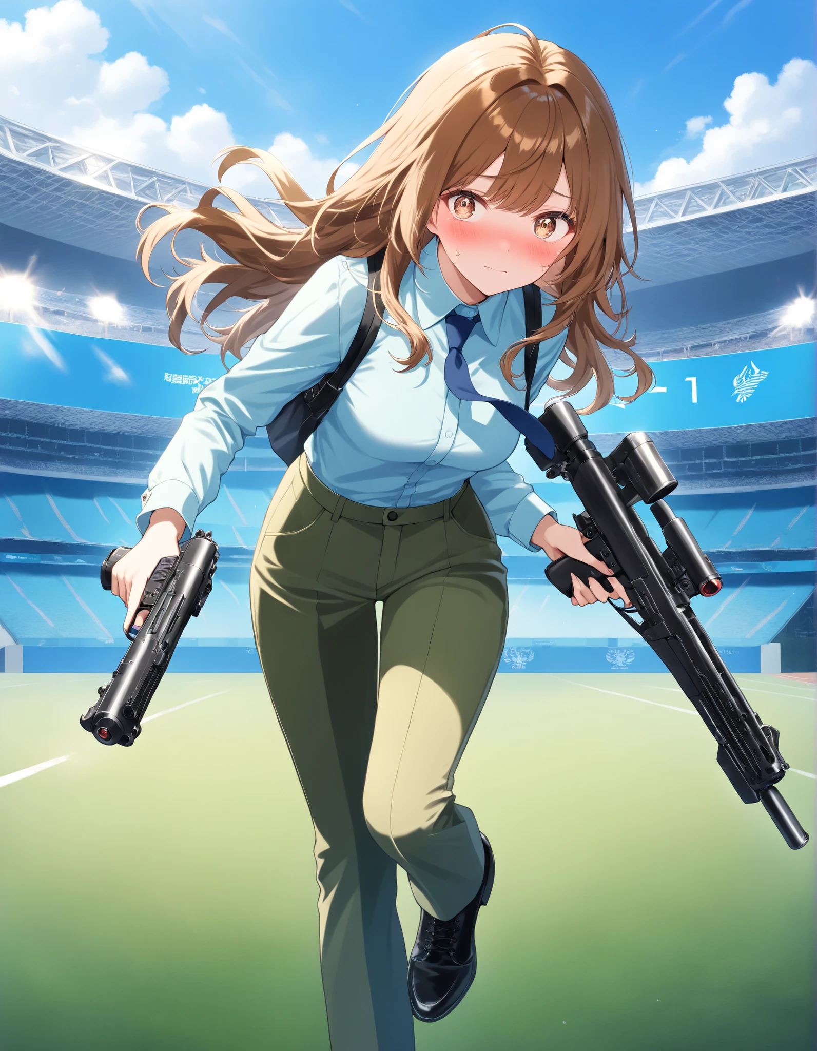 masterpiece, best quality, highres, 1girl, solo, solo focus, dark brown hair, long hair, hazel brown eyes, beautiful detailed eyes, beautiful detailed face, cute face, light blue shirt, long sleeves, blue necktie, green pants, black shoes. blush, shy, klutzy, small sweatdrop on head. tokyo stadium backdrop, outdoors. holding weapon, holding gun, holding e11 blaster rifle with two hands, trigger discipline, running away from green laser gunfire.