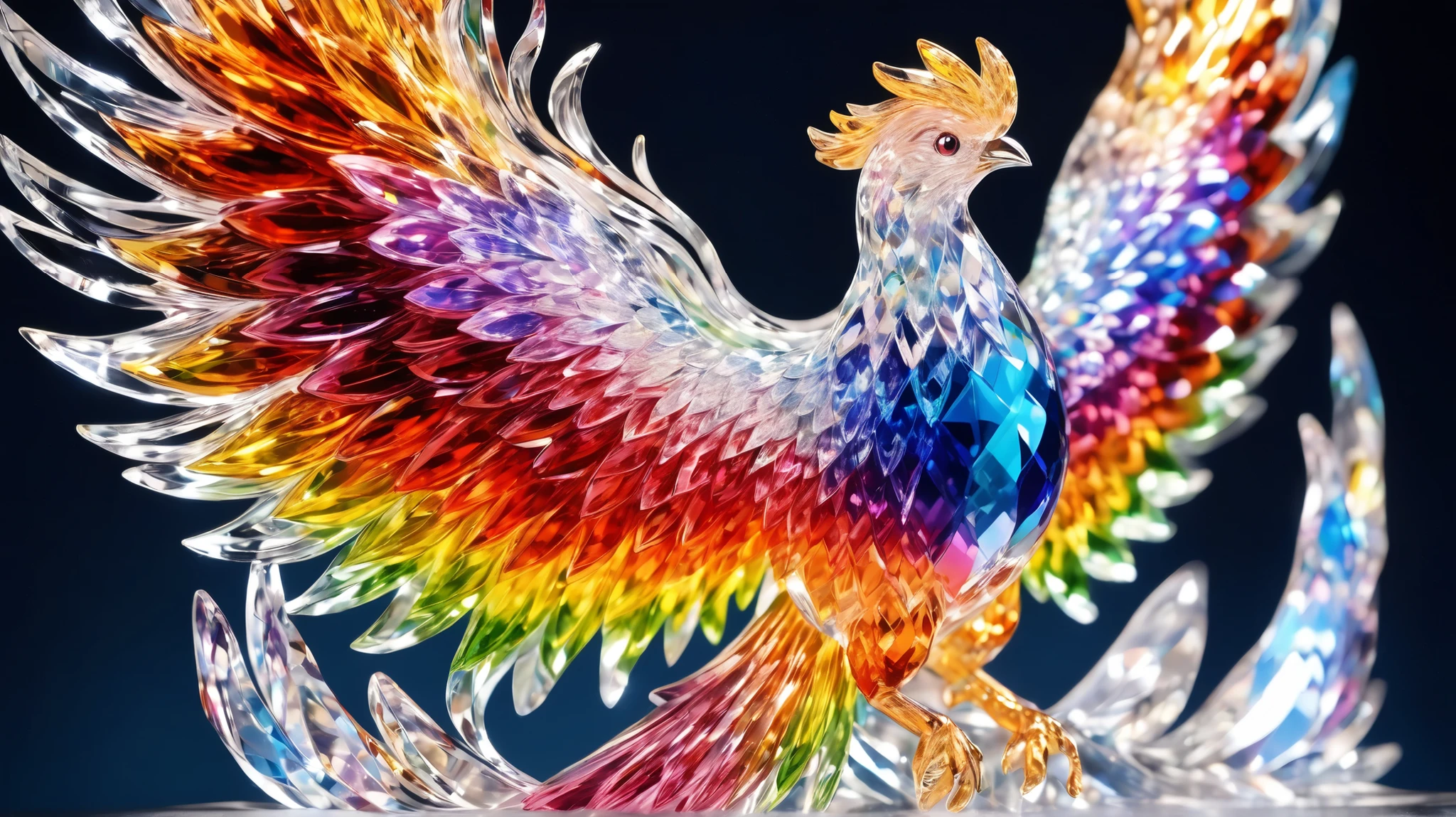 Swarovski Crystal Sculpture, Phoenix, solid, Clear, multicolor, Refractive Brilliance, isometric view, 8k photos、Out of Focus、