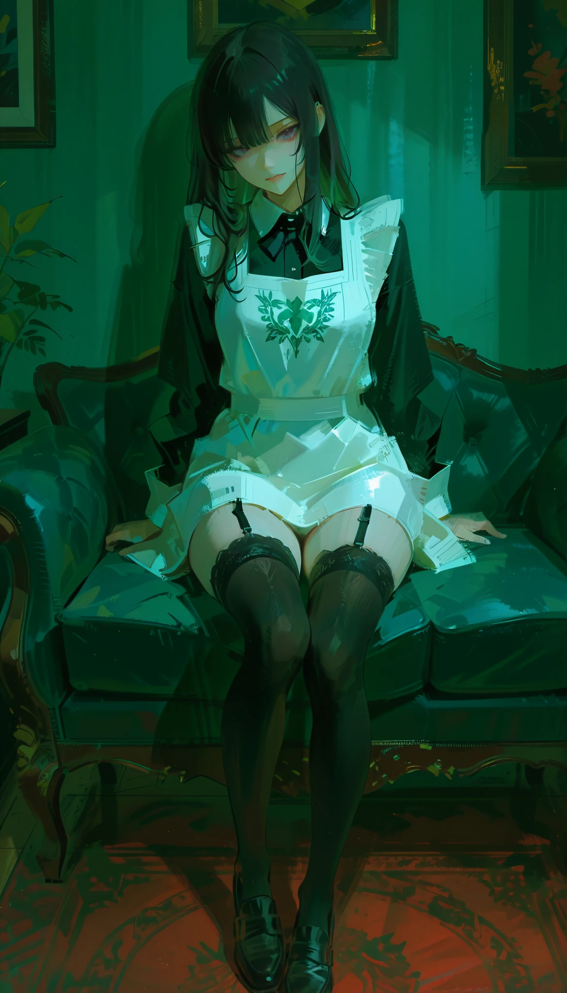 若い女性teeth、アンサンブルの軽い要素とteeth対照的に華やかな, A vintage-style sofa with thin blue-green upholstery with intricate patterns. 彼女teeth白いレースのトリムが付いた黒いドレスが特徴のクラシックなメイド服を着ています, White Apron, and matching cuffs. 彼女のストッキングteeth黒くて透け感があります, The garter belt lifts the、outfit It further enhances. 彼女のフットウェアteeth、adds a modern twist to the black chunky heeled loafers, teeth、Relaxed poses and whimsical settings suggest、他の点でteethクラシックな装い. Her dark hair cascades down, yet looks sophisticated. The teal walls in the room complement the traditional maid aesthetic of the, of the lower back、harmoniously balanced color palette. 全体的なムードteeth、has elegance and a bit of playfulness, It's adding a modern twist to。.