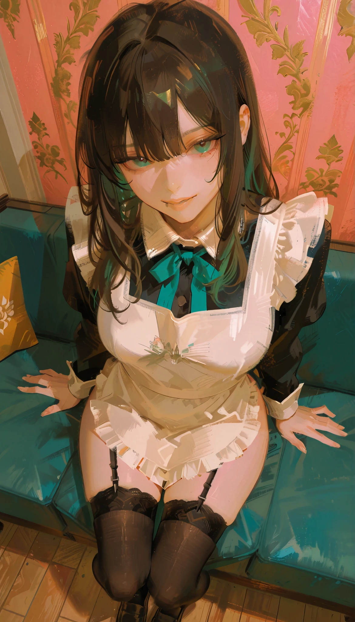 Aerial photography、taken from above、若い女性teeth、アンサンブルの軽い要素とteeth対照的に華やかな, A vintage-style sofa with thin blue-green upholstery with intricate patterns. 彼女teeth白いレースのトリムが付いた黒いドレスが特徴のクラシックなメイド服を着ています, White Apron, and matching cuffs. 彼女のストッキングteeth黒くて透け感があります, The garter belt lifts the、outfit It further enhances. 彼女のフットウェアteeth、adds a modern twist to the black chunky heeled loafers, teeth、Relaxed poses and whimsical settings suggest、他の点でteethクラシックな装い. Her dark hair cascades down, yet looks sophisticated. The teal walls in the room complement the traditional maid aesthetic of the, of the lower back、harmoniously balanced color palette. 全体的なムードteeth、has elegance and a bit of playfulness, It's adding a modern twist to。.