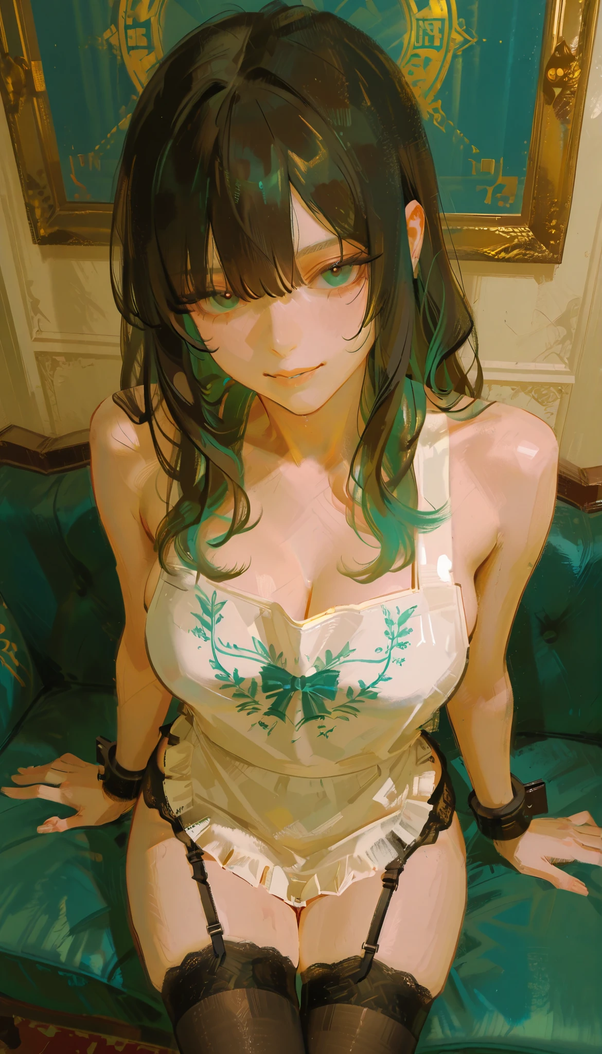 Aerial photography、taken from above、若い女性teeth、アンサンブルの軽い要素とteeth対照的に華やかな, A vintage-style sofa with thin blue-green upholstery with intricate patterns. 彼女teeth白いレースのトリムが付いた黒いドレスが特徴のクラシックなメイド服を着ています, White Apron, and matching cuffs. 彼女のストッキングteeth黒くて透け感があります, The garter belt lifts the、outfit It further enhances. 彼女のフットウェアteeth、adds a modern twist to the black chunky heeled loafers, teeth、Relaxed poses and whimsical settings suggest、他の点でteethクラシックな装い. Her dark hair cascades down, yet looks sophisticated. The teal walls in the room complement the traditional maid aesthetic of the, of the lower back、harmoniously balanced color palette. 全体的なムードteeth、has elegance and a bit of playfulness, It's adding a modern twist to。.