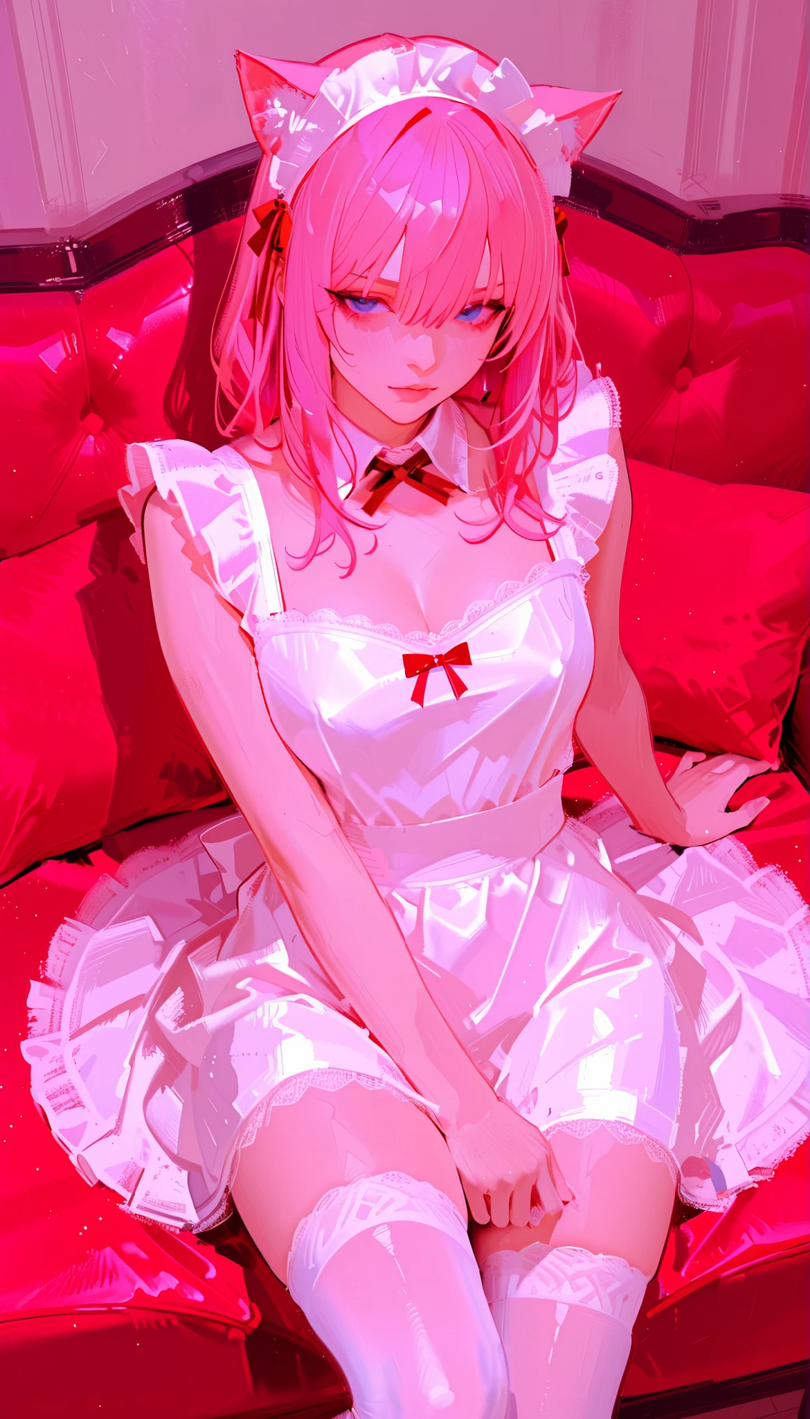 Aerial photography、taken from above、araffe dressed in a maids outfit laying on a couch, gorgeous maids, maids outfit, cosplay of a catboy! maids! dress, anime girl in a maids costume, maids dress, french maids, cosplay, anime girl cosplay, elegant glamourous cosplay, maids, wearing maids uniform, knee-high socks and skirt , maids costume, a sexy maids in a magical forest