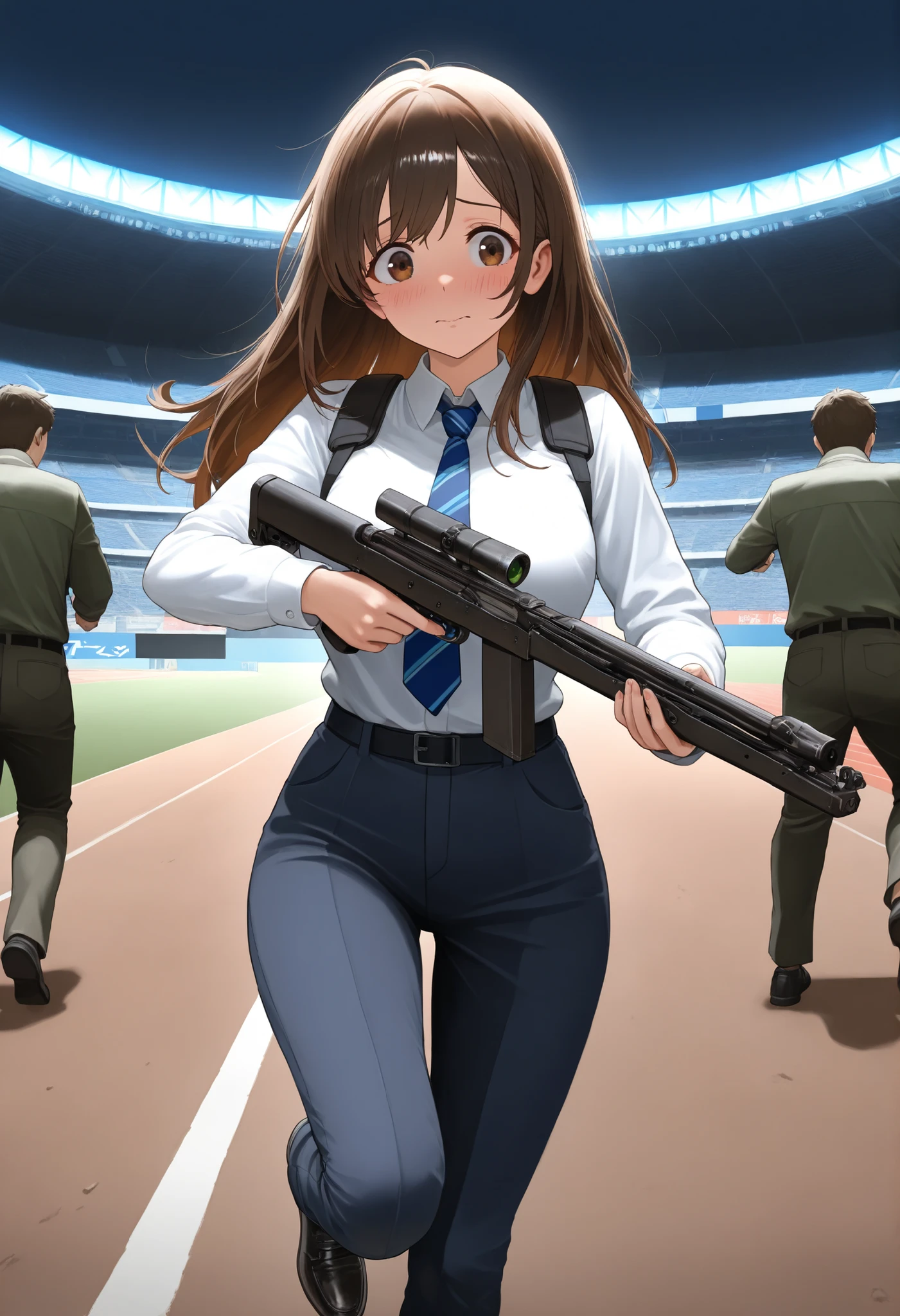 masterpiece, best quality, highly detailed, detailed background, high resolution, 8k, professional, full shot, 1girl, 22 years old, solo, solo focus, dark brown hair, long hair, tareme, hazel brown eyes, beautiful detailed eyes, beautiful detailed face, cute face, perfect hands, light blue collared shirt, long sleeves, shoulder holster, blue striped necktie, (pants, green slacks), black shoes, blush, shy and scared expression, klutzy posture, tokyo stadium backdrop, outdoors, adventurous atmosphere, ideal composition, running towards the viewer, looking away, holding a rifle, e11blstr, cinematic lighting