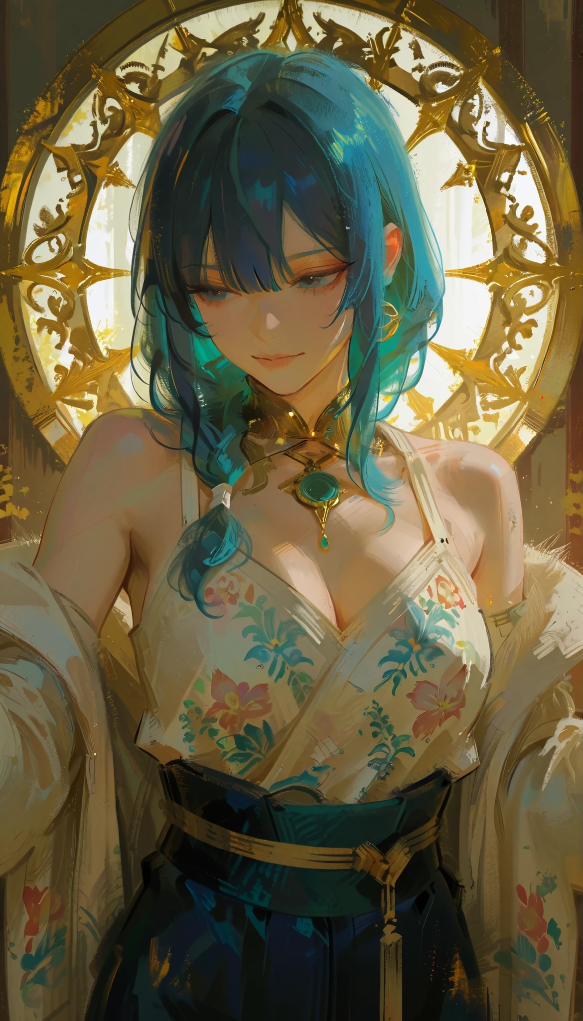 Aerial photography、 from above 、A young woman has a blue chai pao with an intricate design, Decorated with、is half of the detailed, colorful dragons and other traditional patterns. vivid The fabric reflects a sense of cultural heritage, からインスピレーションを得たようなポーズをとっているようis衣装を引き立てるブルーとゴールドのディテールが特徴の. Decorated withています。what about her hair、probably during an event or performance, Each has a large, round ornaments during close-up shots. long, The hair accessory has white tassels hanging gracefully and seems to be posing as inspired by, collection that adds a fluffy. , her posture is dynamic, arm extended in front of her, Wearing 、highlights the craftsmanship of martial arts and dance. is。background is dark blue, suggests, composition、makes for a cohesive visual theme. The bright lighting is reminiscent of、indoor setting that blends seamlessly with her outfit, is styled with high bangs.