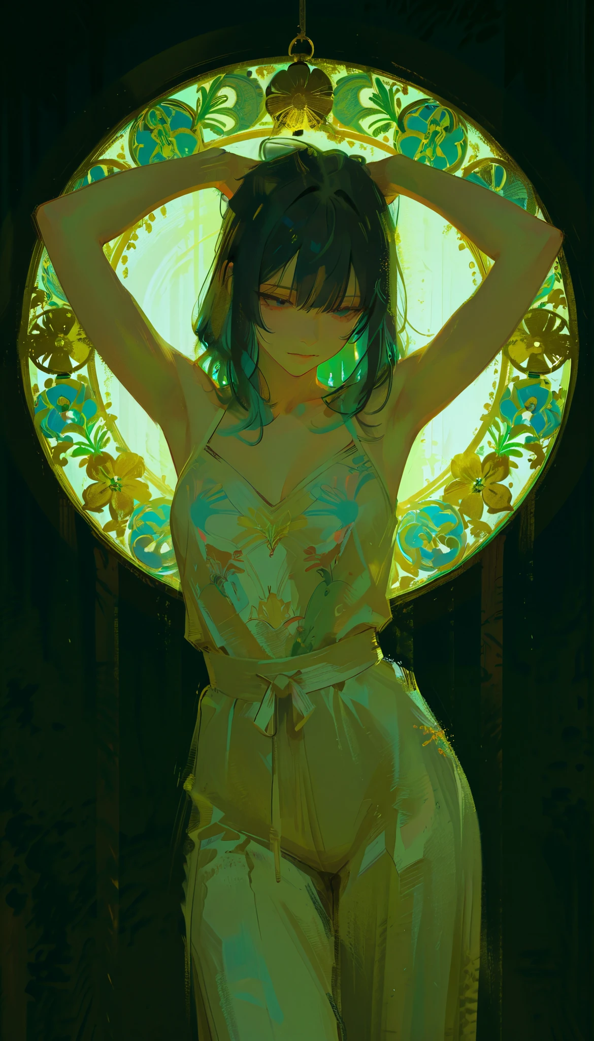 Aerial photography、 from above 、A young woman has a blue chai pao with an intricate design, Decorated with、is half of the detailed, colorful dragons and other traditional patterns. vivid The fabric reflects a sense of cultural heritage, からインスピレーションを得たようなポーズをとっているようis衣装を引き立てるブルーとゴールドのディテールが特徴の. Decorated withています。what about her hair、probably during an event or performance, Each has a large, round ornaments during close-up shots. long, The hair accessory has white tassels hanging gracefully and seems to be posing as inspired by, collection that adds a fluffy. , her posture is dynamic, arm extended in front of her, Wearing 、highlights the craftsmanship of martial arts and dance. is。background is dark blue, suggests, composition、makes for a cohesive visual theme. The bright lighting is reminiscent of、indoor setting that blends seamlessly with her outfit, is styled with high bangs.