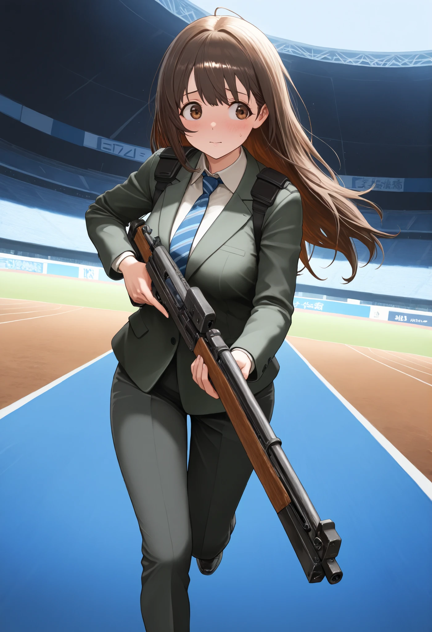 masterpiece, best quality, highly detailed, detailed background, high resolution, 8k, professional, full shot, 1girl, 22 years old, solo, solo focus, dark brown hair, long hair, tareme, hazel brown eyes, beautiful detailed eyes, beautiful detailed face, cute face, perfect hands, light blue collared shirt, long sleeves, shoulder holster, blue striped necktie, (pants, green slacks), black shoes, blush, shy and scared expression, klutzy posture, tokyo stadium backdrop, outdoors, adventurous atmosphere, ideal composition, running towards the viewer, looking away, holding a rifle, e11blstr, cinematic lighting